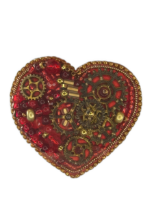 Red Steampunk Heart Brooch Large Gears, Clockwork Valentine Pin, Handmade Mechanical Red Heart Jewelry, Unique Gift — lifestyle photo