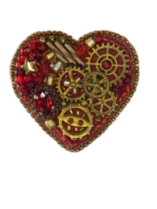 Red Steampunk Heart Crystal Brooch, Gears Star Bead Valentine Pin, Handmade Mechanical Heart Jewelry, Unique Gift — lifestyle photo