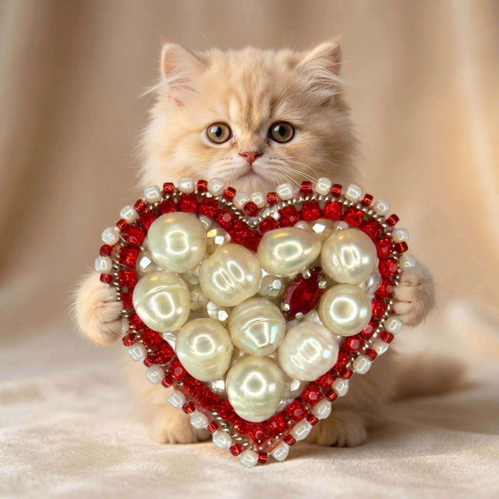 Red Heart Brooch Filled with Pearls, White Pearl Heart Pin Red Border, Handmade Romantic Jewelry, Love Gift for Her