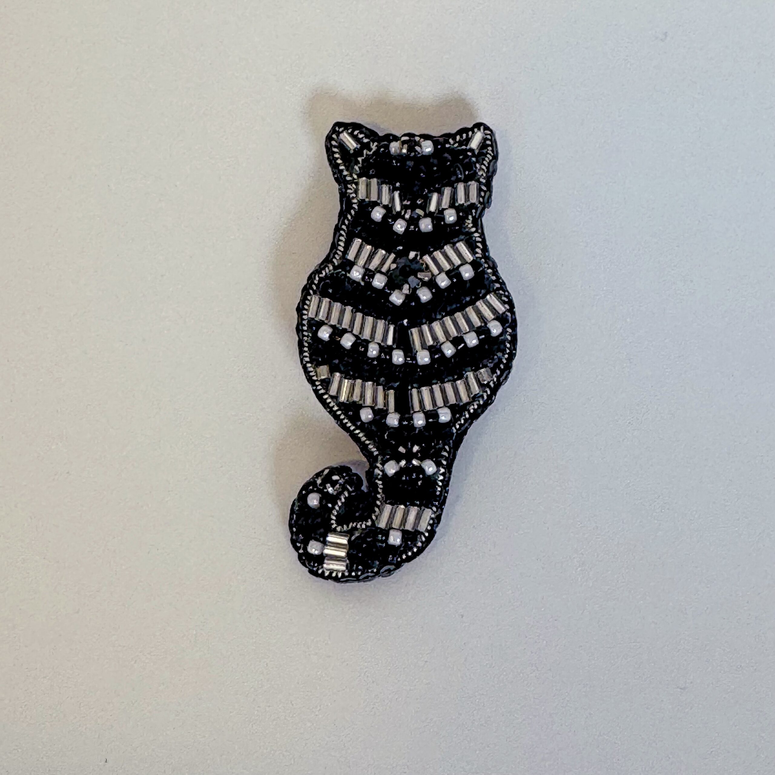 Black and Silver Striped Cat Brooch, Beaded Cat Silhouette Pin, Minimalist Animal Jewelry, Handmade Embroidered Brooch, Elegant Cat Back View, Unique Gift for Cat Lover, P.S. Jewelry — view 1