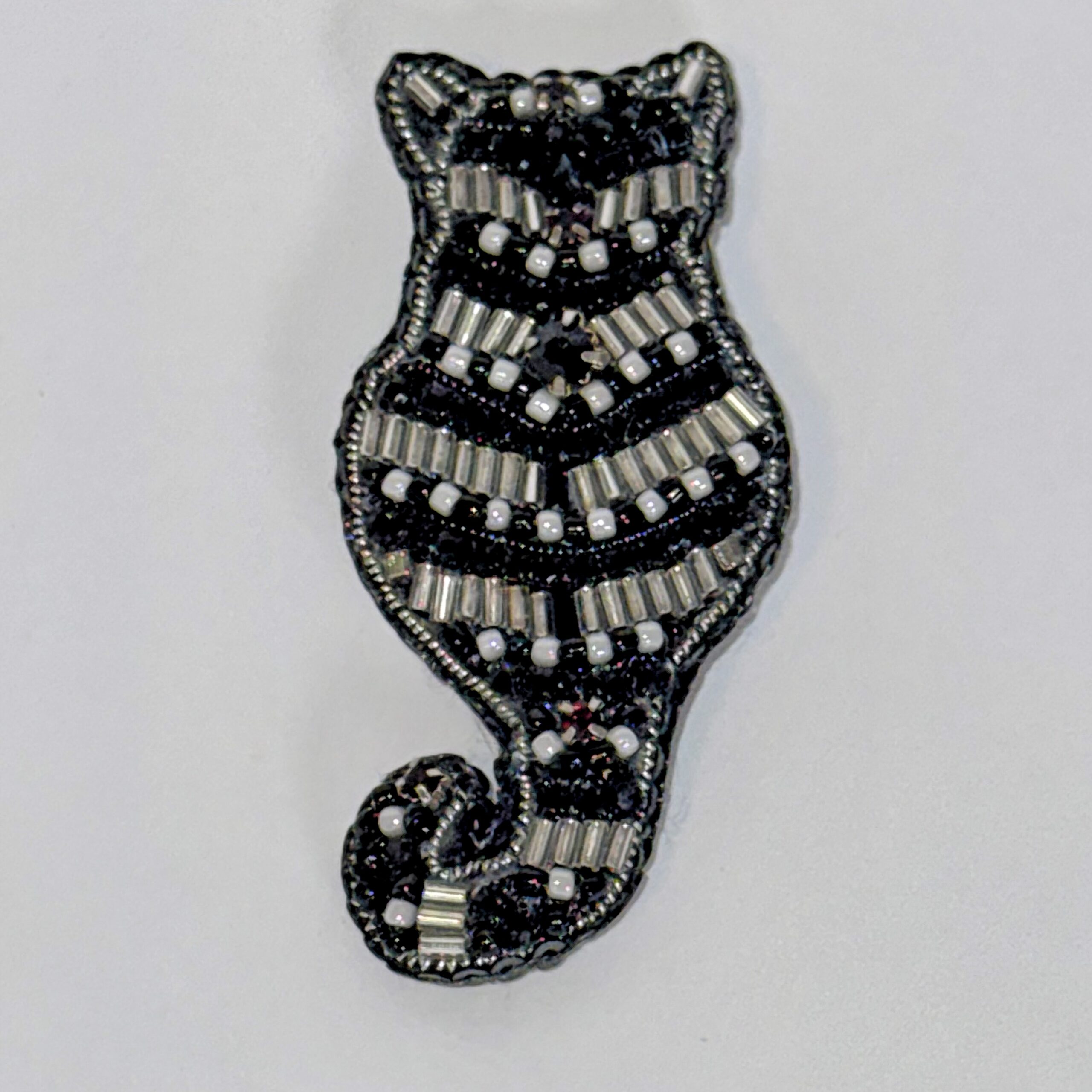 Black and Silver Striped Cat Brooch, Beaded Cat Silhouette Pin, Minimalist Animal Jewelry, Handmade Embroidered Brooch, Elegant Cat Back View, Unique Gift for Cat Lover, P.S. Jewelry — view 2