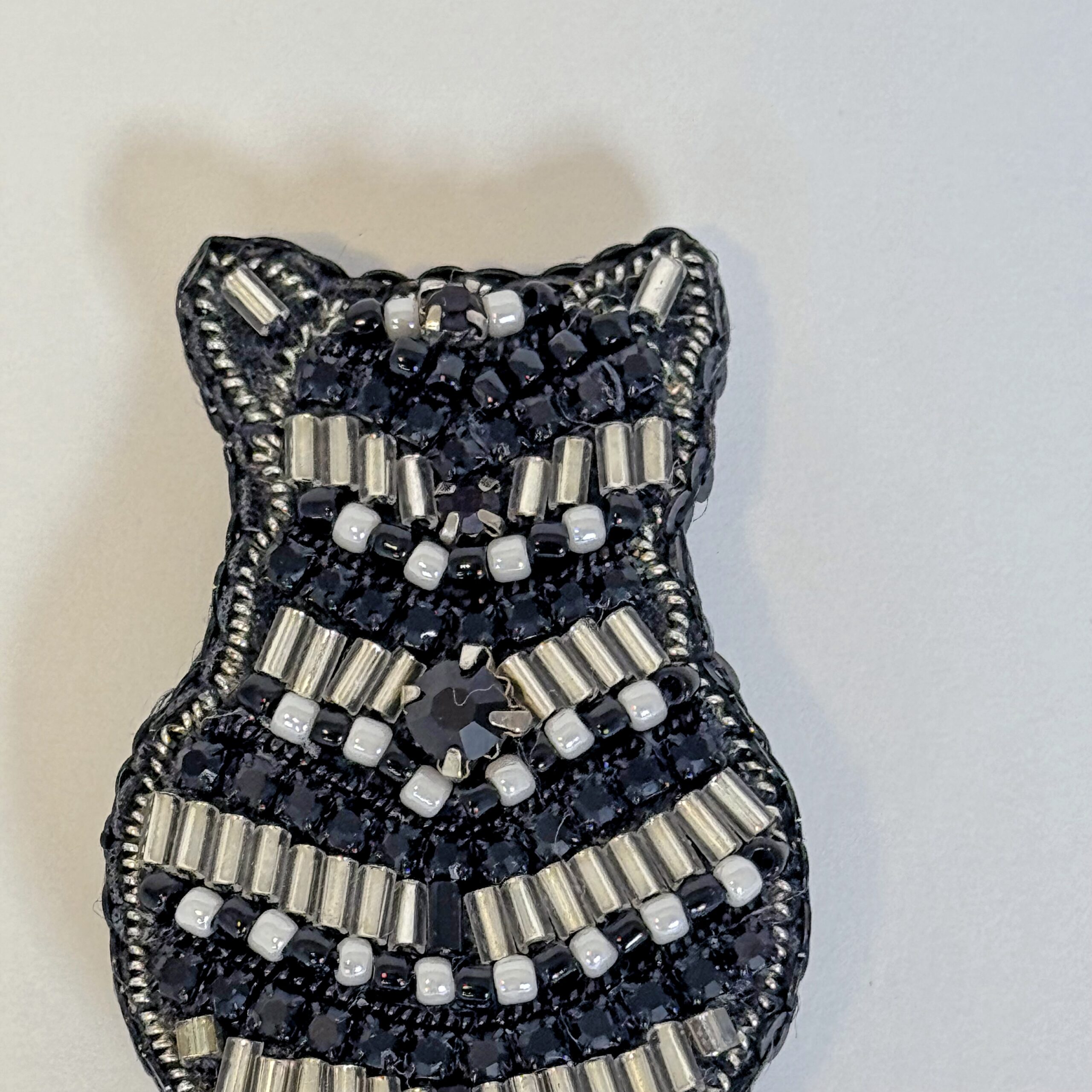 Black and Silver Striped Cat Brooch, Beaded Cat Silhouette Pin, Minimalist Animal Jewelry, Handmade Embroidered Brooch, Elegant Cat Back View, Unique Gift for Cat Lover, P.S. Jewelry — view 3