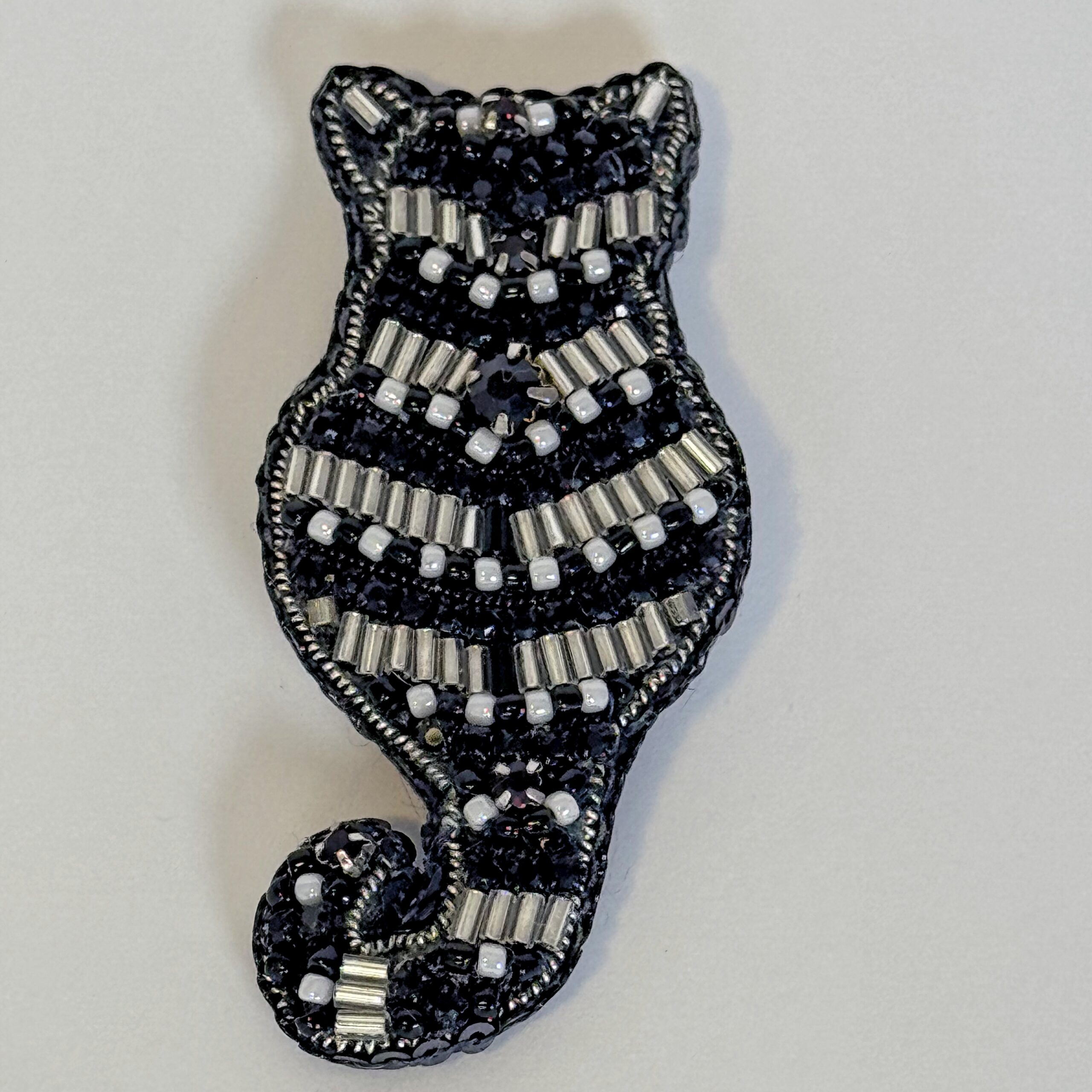 Black and Silver Striped Cat Brooch, Beaded Cat Silhouette Pin, Minimalist Animal Jewelry, Handmade Embroidered Brooch, Elegant Cat Back View, Unique Gift for Cat Lover, P.S. Jewelry — view 4