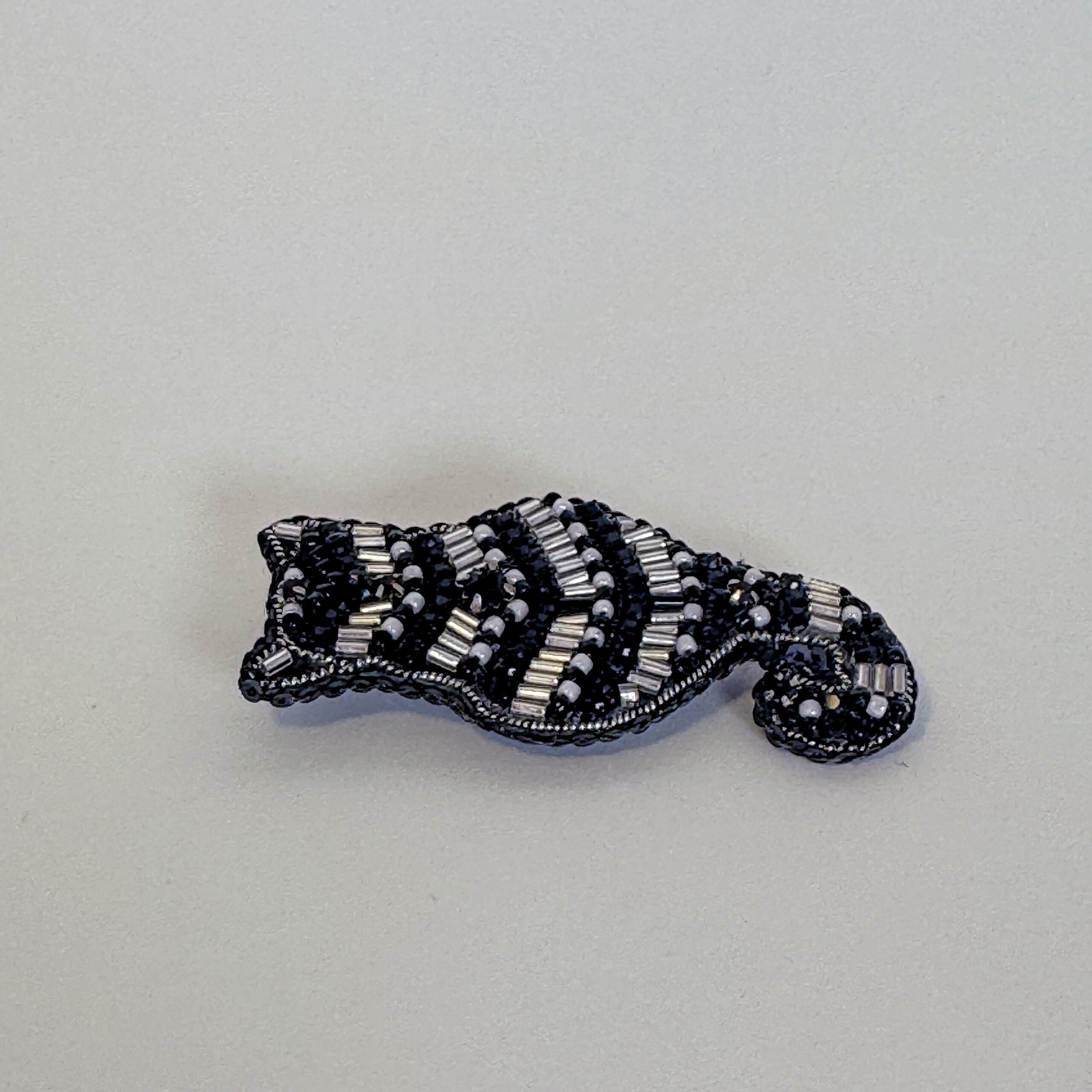 Black and Silver Striped Cat Brooch, Beaded Cat Silhouette Pin, Minimalist Animal Jewelry, Handmade Embroidered Brooch, Elegant Cat Back View, Unique Gift for Cat Lover, P.S. Jewelry — view 7