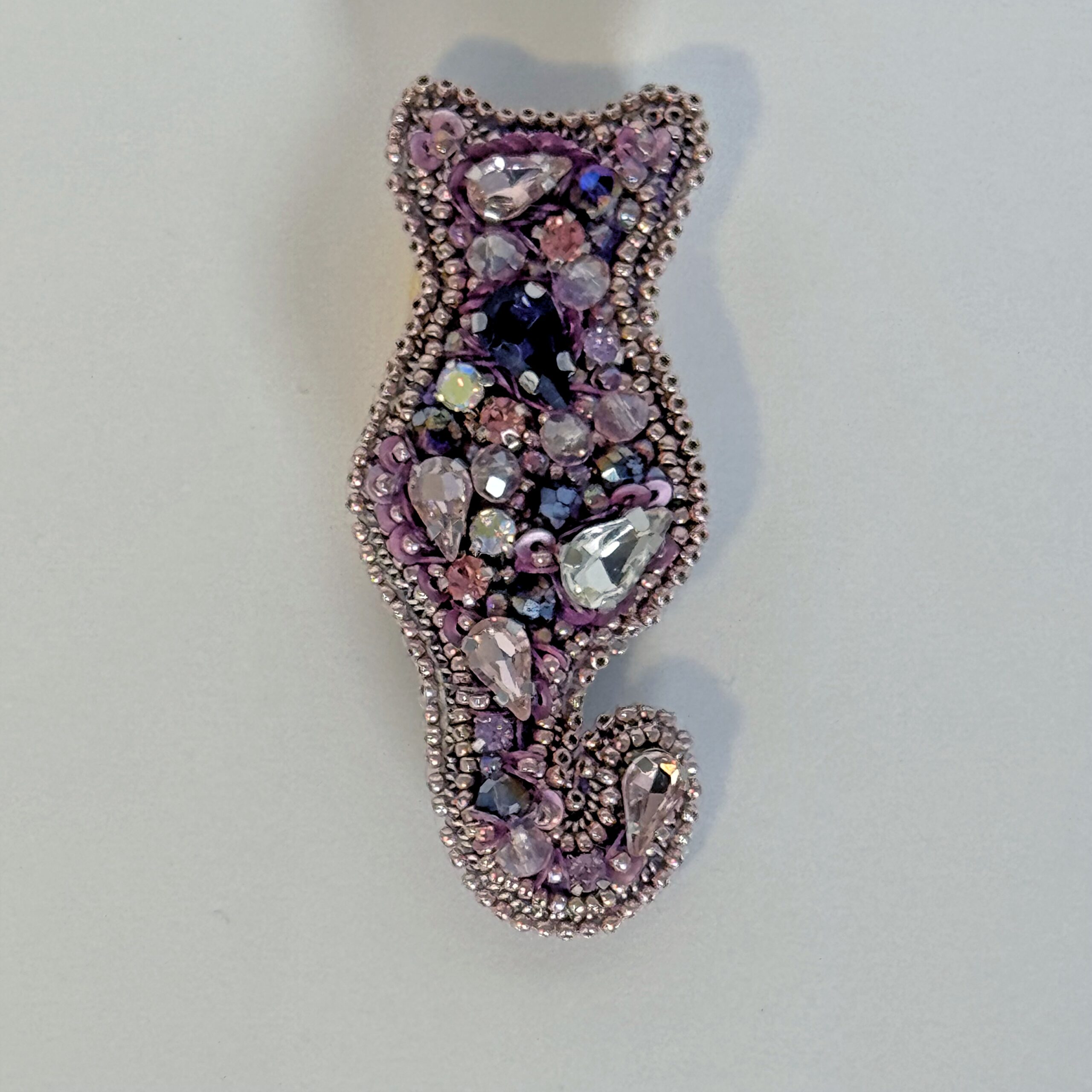 Handmade cat silhouette brooch, beaded and crystal brooch, gift cat brooch. — view 1