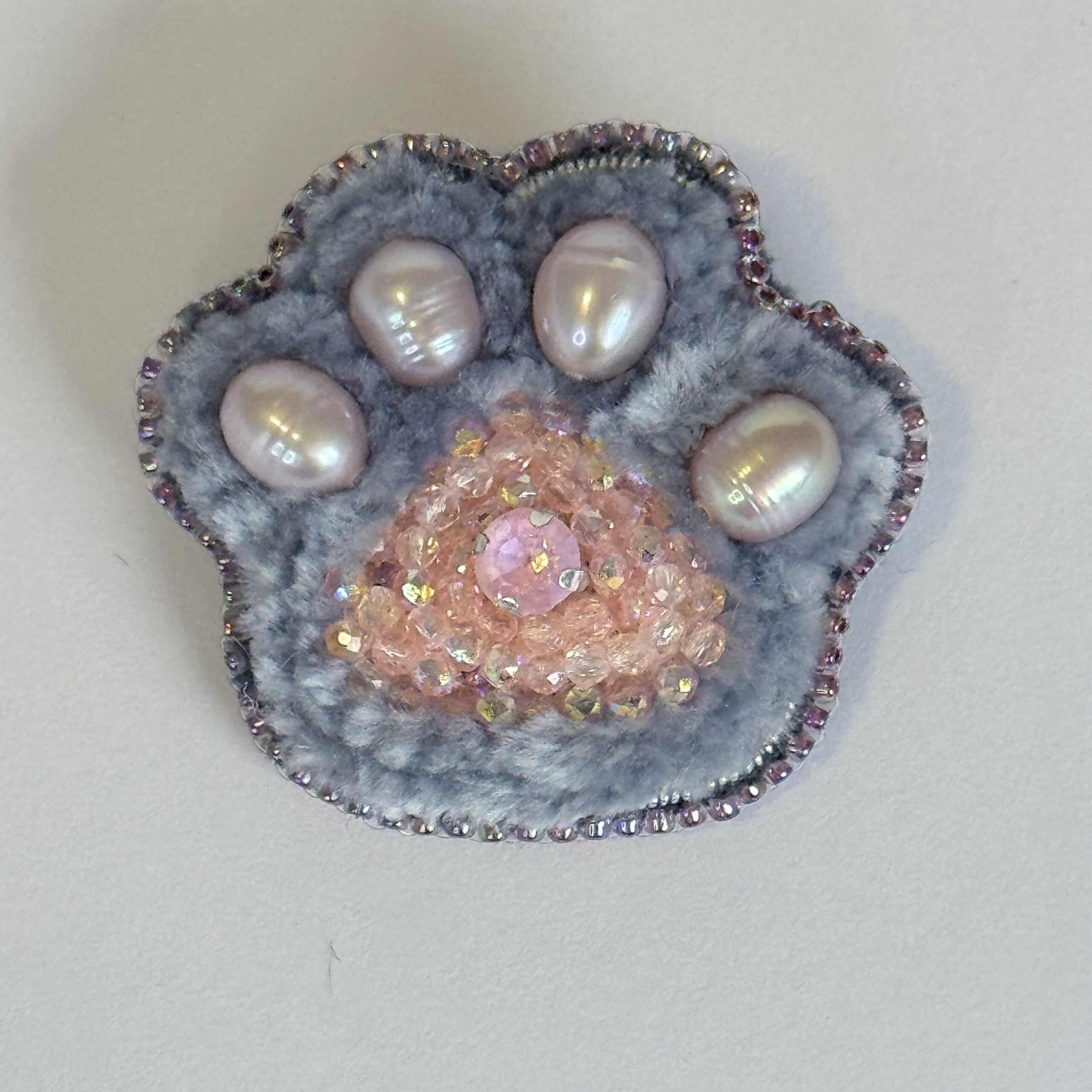 Grey Pink Paw Print Brooch, Pearl Paw Pin Crystal Bead, Handmade Animal Jewelry, Unique Cat Dog Lover Gift — view 2