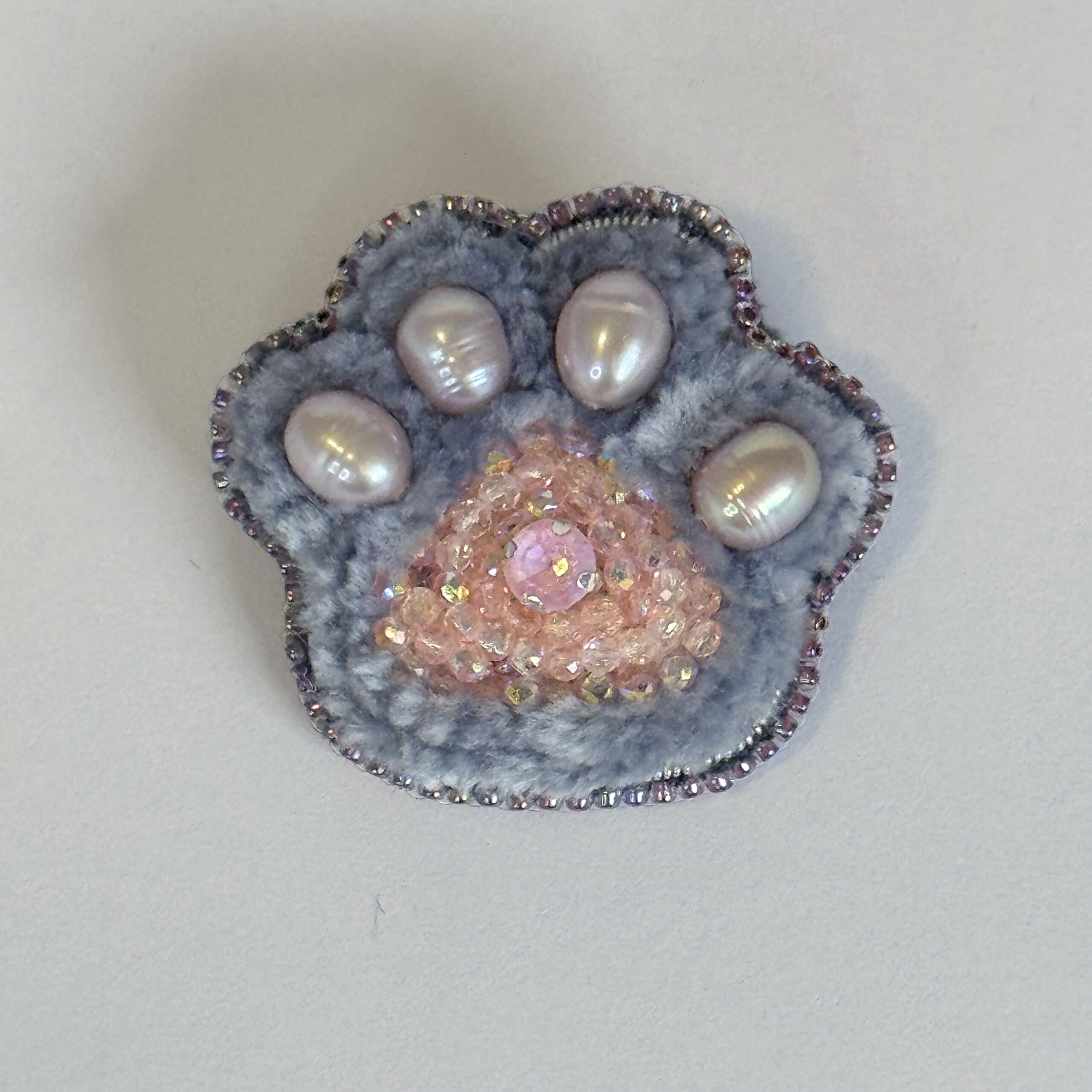 Grey Pink Paw Print Brooch, Pearl Paw Pin Crystal Bead, Handmade Animal Jewelry, Unique Cat Dog Lover Gift — view 3