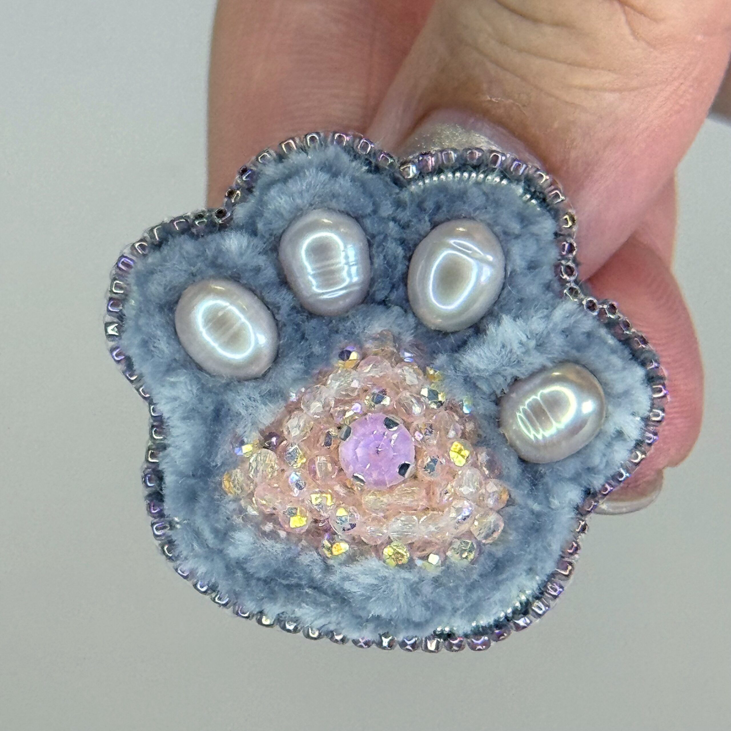Grey Pink Paw Print Brooch, Pearl Paw Pin Crystal Bead, Handmade Animal Jewelry, Unique Cat Dog Lover Gift — view 6
