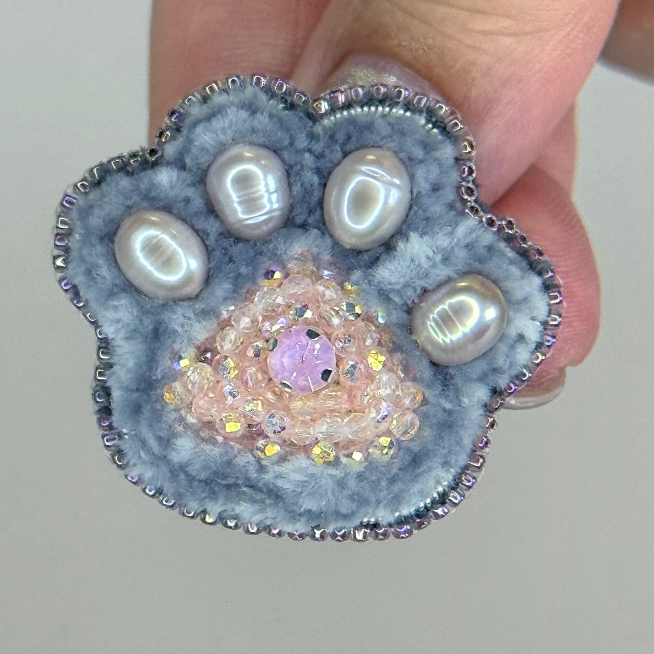 Grey Pink Paw Print Brooch, Pearl Paw Pin Crystal Bead, Handmade Animal Jewelry, Unique Cat Dog Lover Gift — view 7
