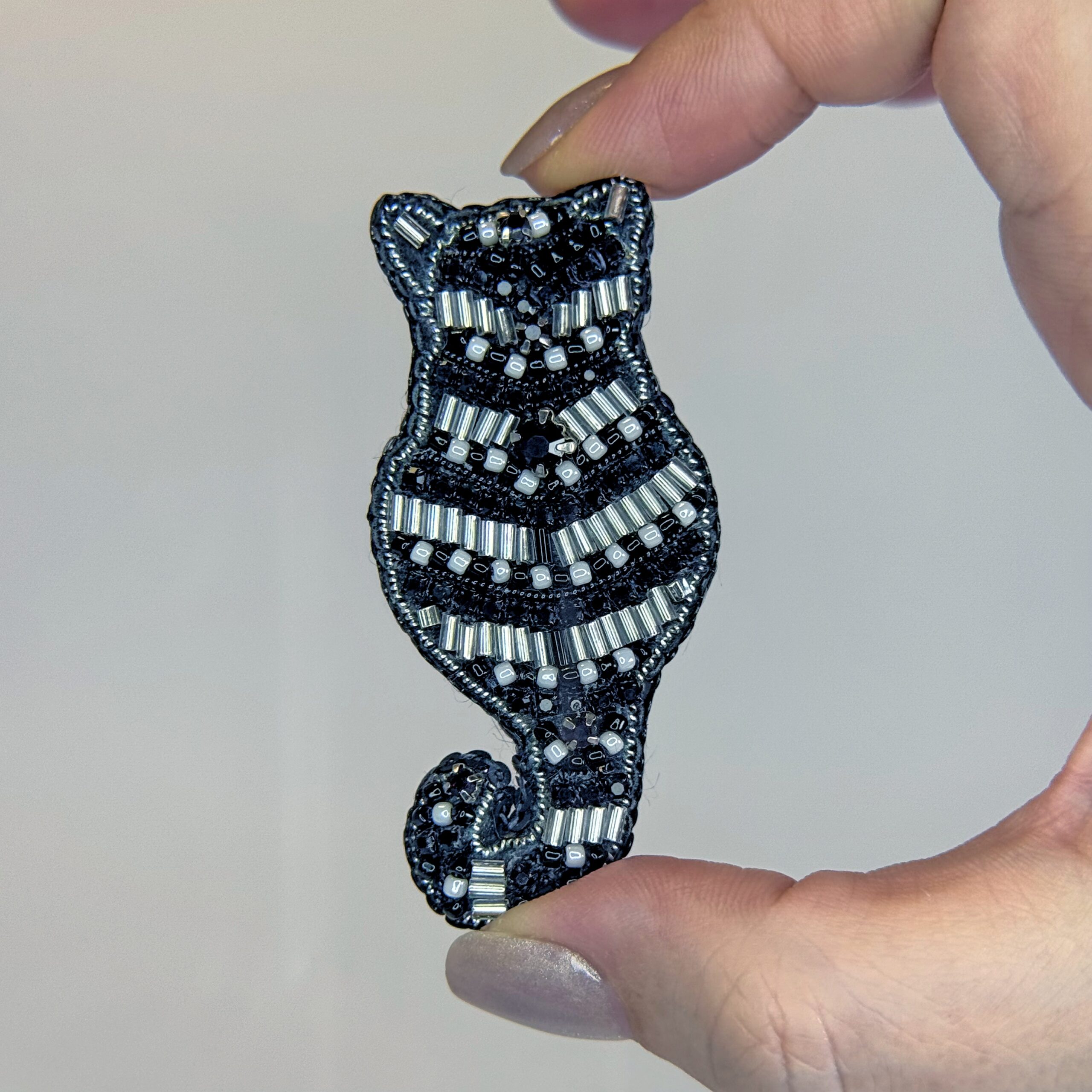 Black and Silver Striped Cat Brooch, Beaded Cat Silhouette Pin, Minimalist Animal Jewelry, Handmade Embroidered Brooch, Elegant Cat Back View, Unique Gift for Cat Lover, P.S. Jewelry — view 10