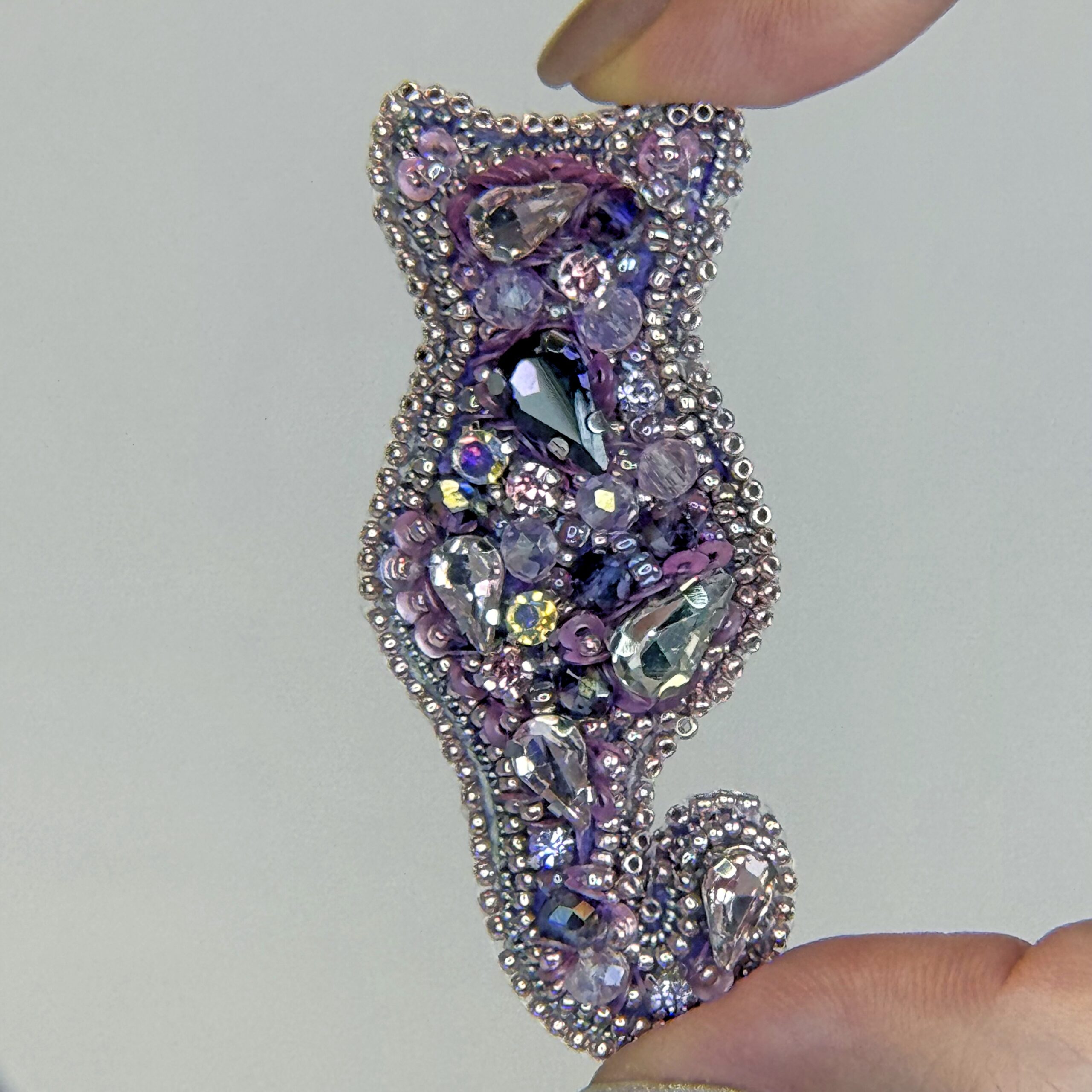 Handmade cat silhouette brooch, beaded and crystal brooch, gift cat brooch. — view 9