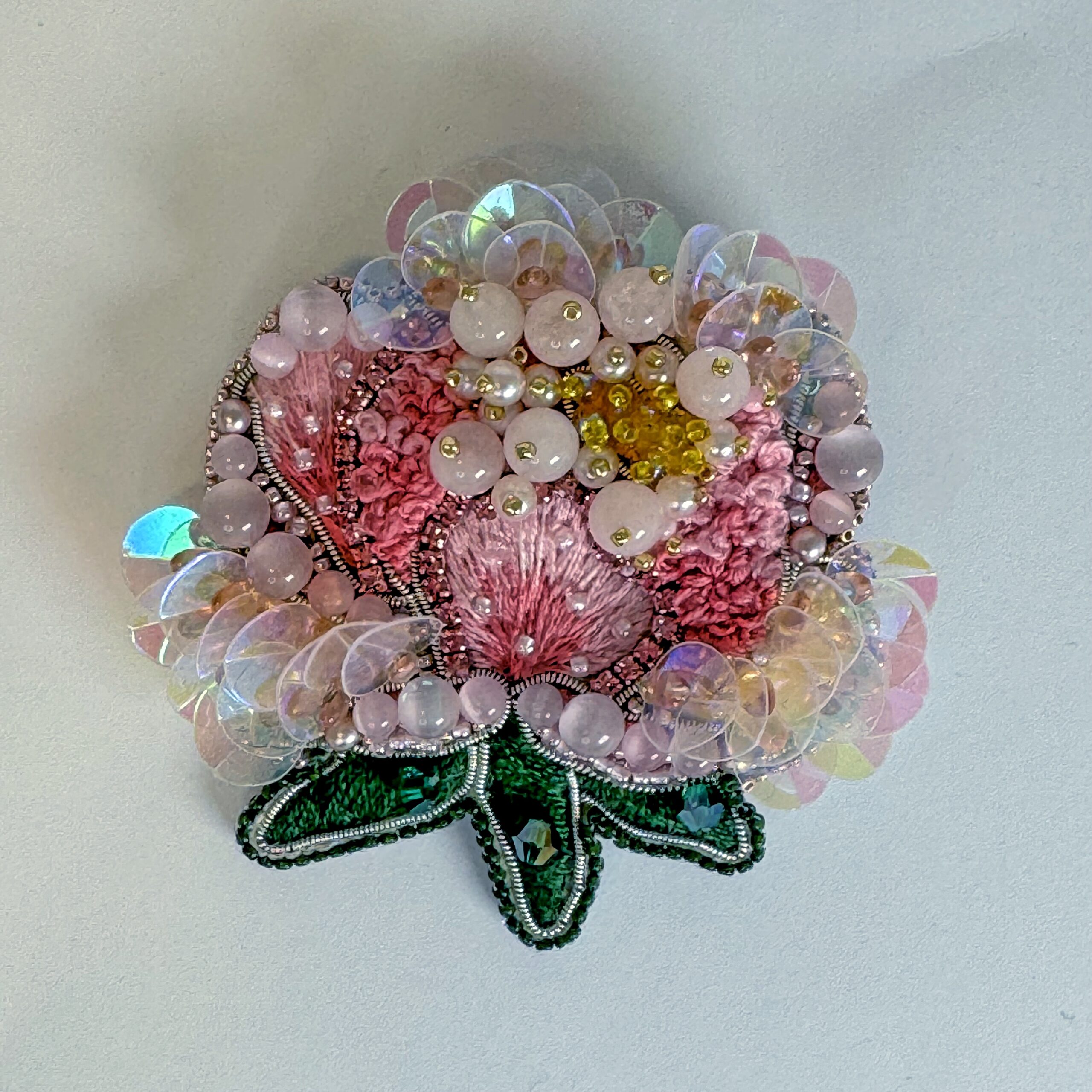 Pink Peony Brooch, Handmade Flower Brooch with Beads and Cat Eye Stones, Unique Floral Jewelry for Women, Gift for Her, Embroidered Floral Jewelry, Blooming Peony Pin; Romantic Gift for Her — view 1