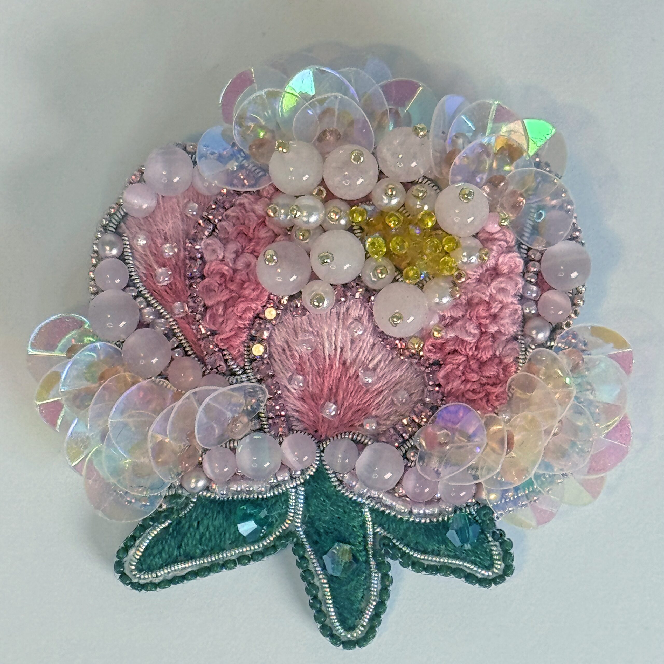 Pink Peony Brooch, Handmade Flower Brooch with Beads and Cat Eye Stones, Unique Floral Jewelry for Women, Gift for Her, Embroidered Floral Jewelry, Blooming Peony Pin; Romantic Gift for Her — view 2