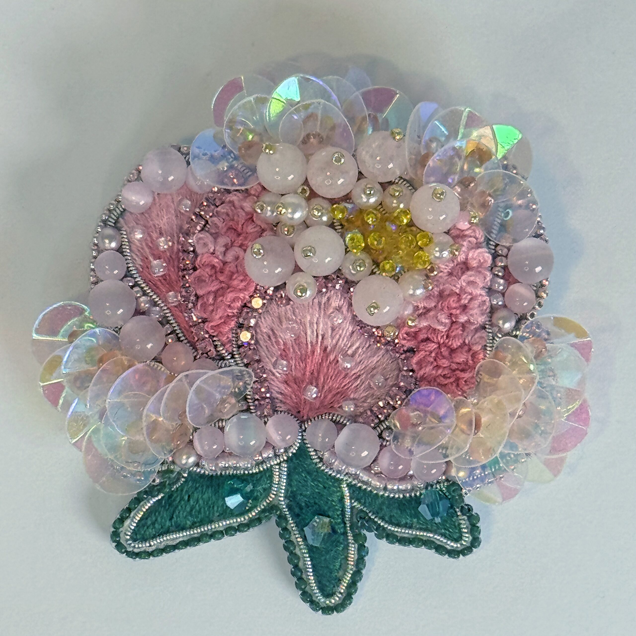 Pink Peony Brooch, Handmade Flower Brooch with Beads and Cat Eye Stones, Unique Floral Jewelry for Women, Gift for Her, Embroidered Floral Jewelry, Blooming Peony Pin; Romantic Gift for Her — view 3