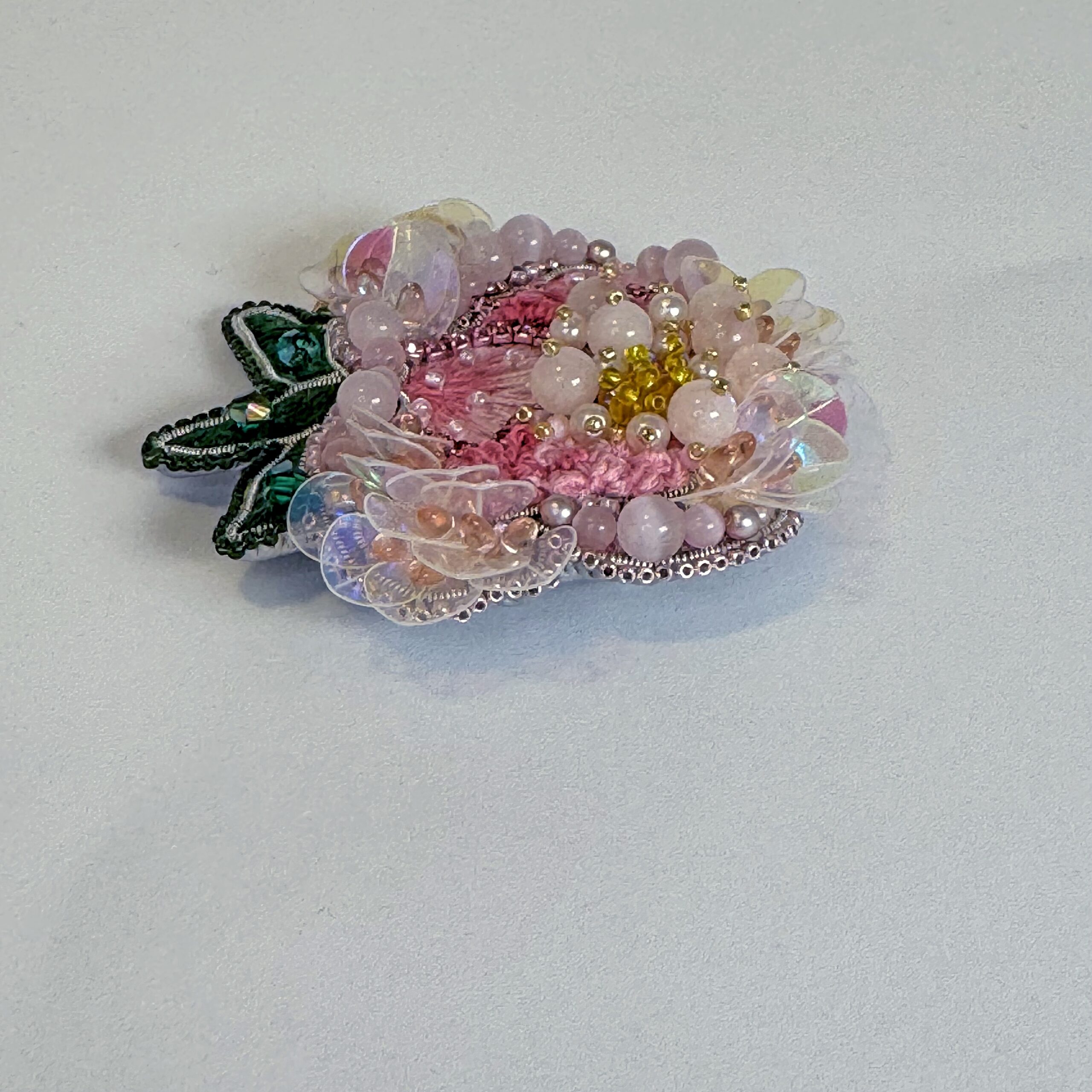 Pink Peony Brooch, Handmade Flower Brooch with Beads and Cat Eye Stones, Unique Floral Jewelry for Women, Gift for Her, Embroidered Floral Jewelry, Blooming Peony Pin; Romantic Gift for Her — view 4