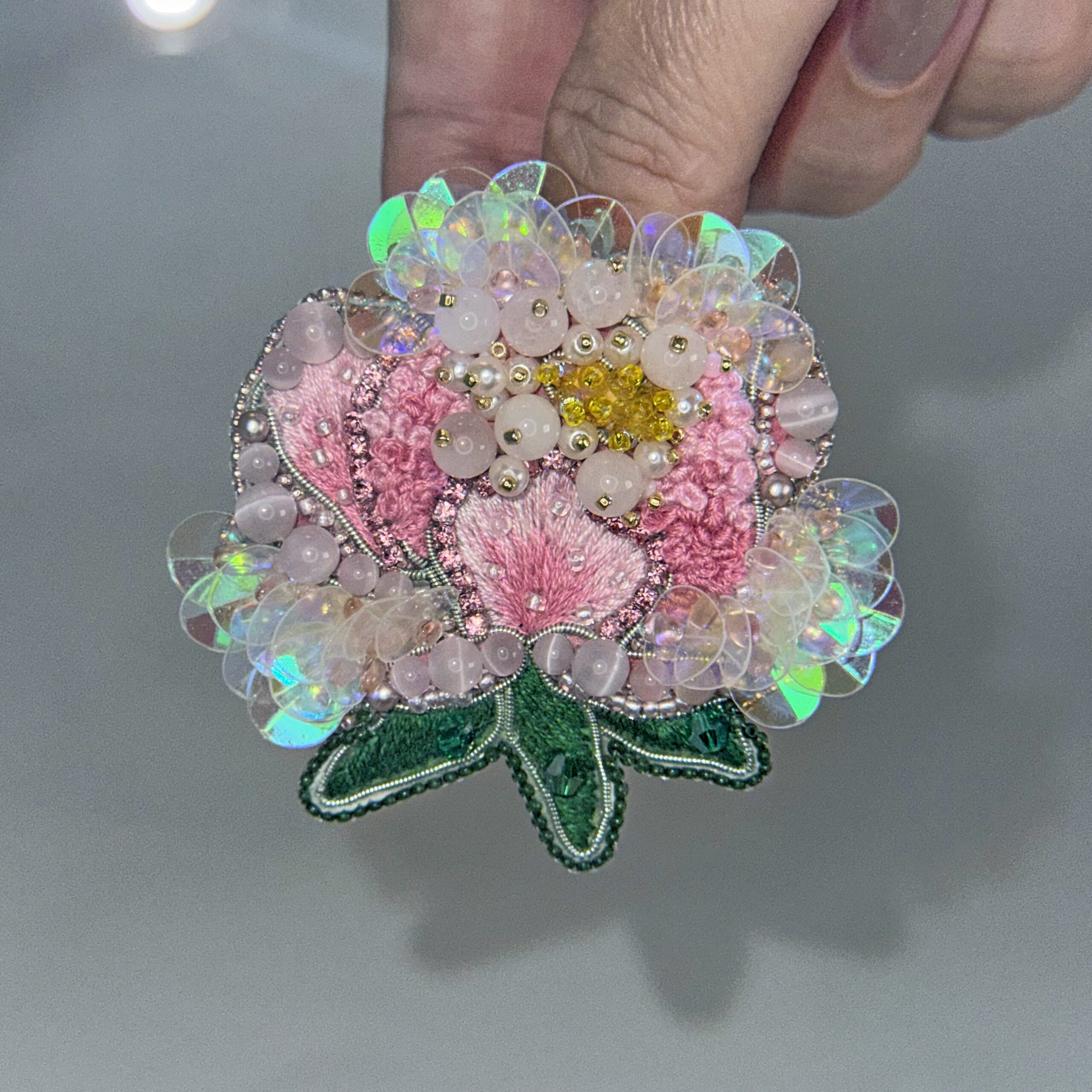 Pink Peony Brooch, Handmade Flower Brooch with Beads and Cat Eye Stones, Unique Floral Jewelry for Women, Gift for Her, Embroidered Floral Jewelry, Blooming Peony Pin; Romantic Gift for Her — view 5