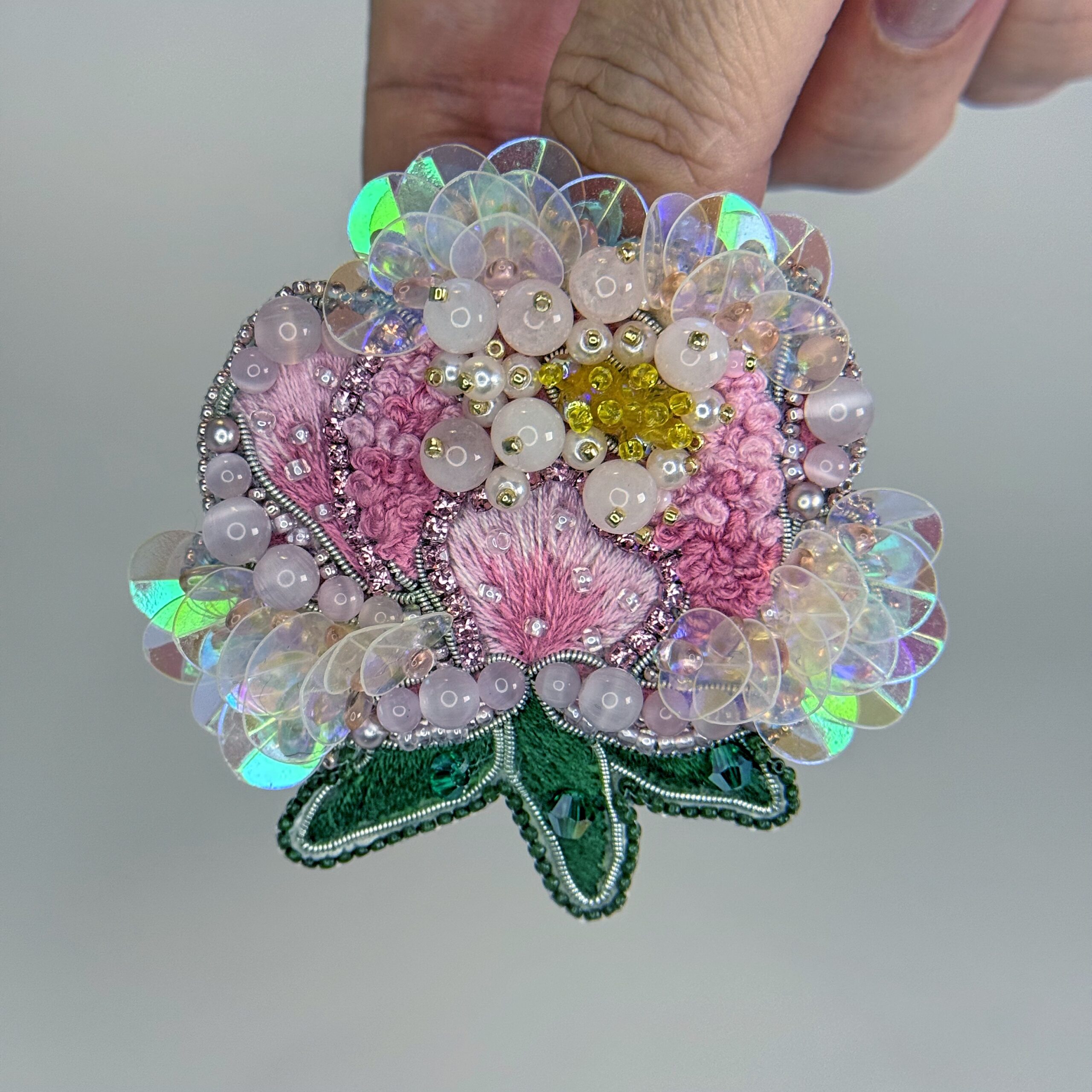 Pink Peony Brooch, Handmade Flower Brooch with Beads and Cat Eye Stones, Unique Floral Jewelry for Women, Gift for Her, Embroidered Floral Jewelry, Blooming Peony Pin; Romantic Gift for Her — view 6