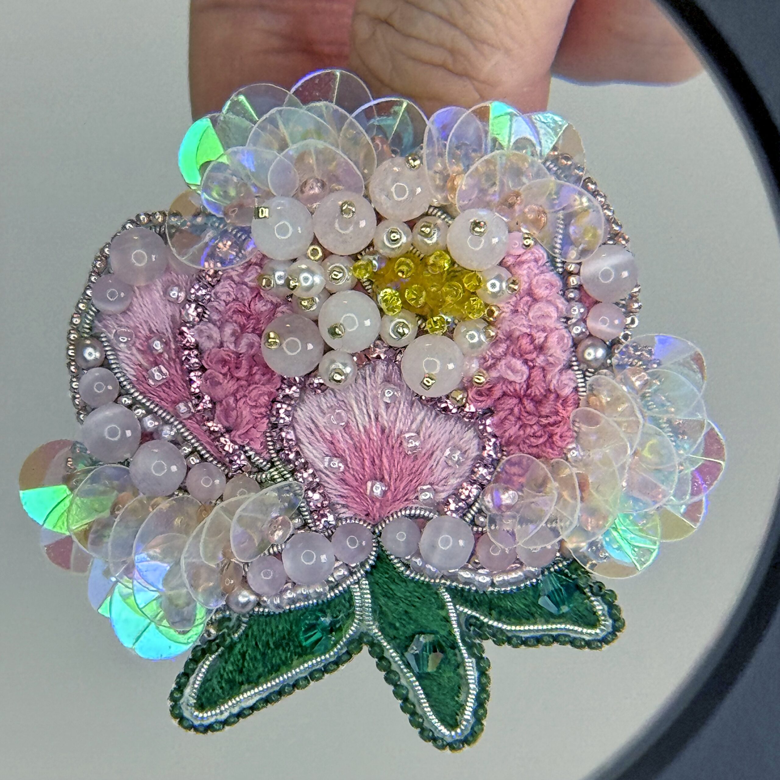 Pink Peony Brooch, Handmade Flower Brooch with Beads and Cat Eye Stones, Unique Floral Jewelry for Women, Gift for Her, Embroidered Floral Jewelry, Blooming Peony Pin; Romantic Gift for Her — view 7