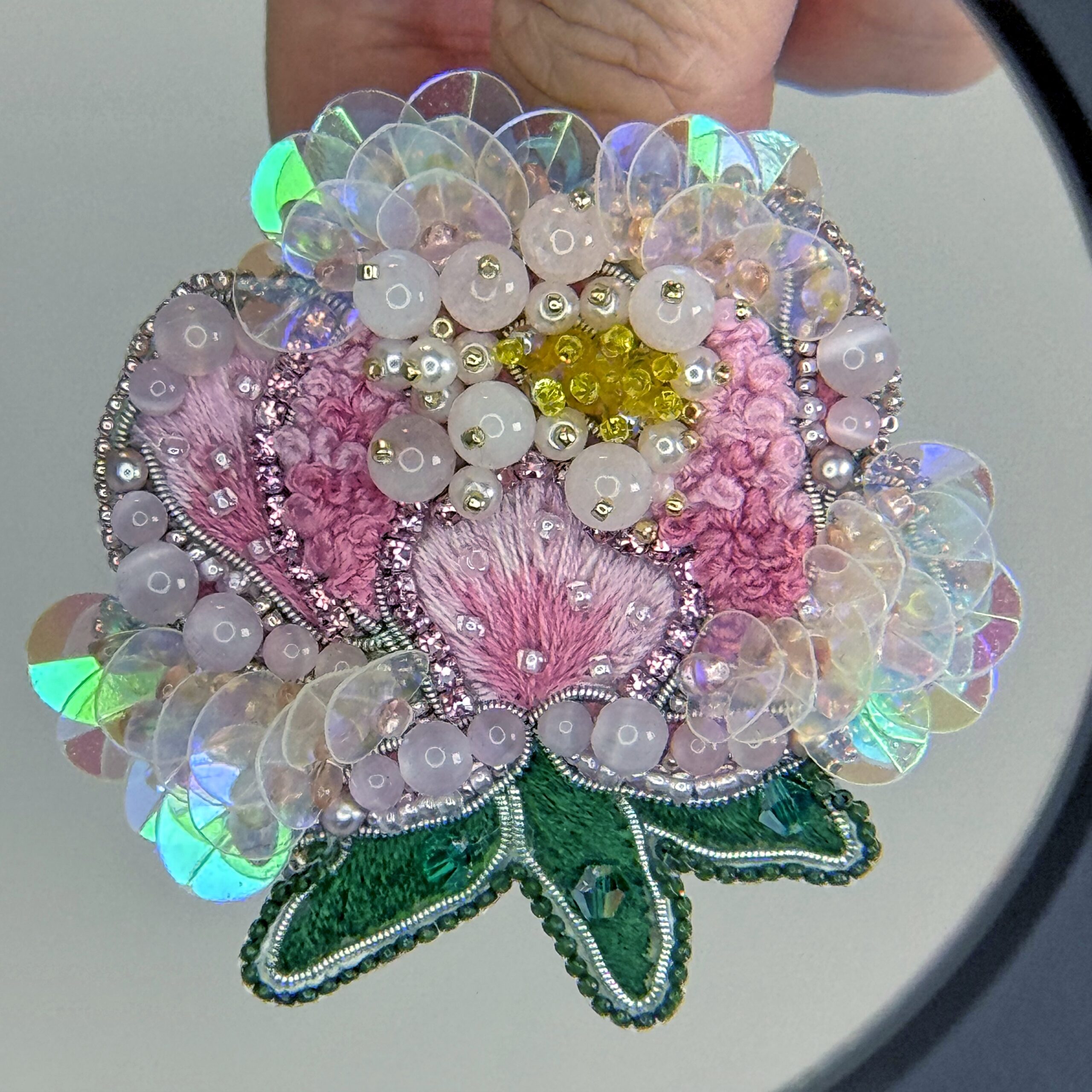 Pink Peony Brooch, Handmade Flower Brooch with Beads and Cat Eye Stones, Unique Floral Jewelry for Women, Gift for Her, Embroidered Floral Jewelry, Blooming Peony Pin; Romantic Gift for Her — view 8