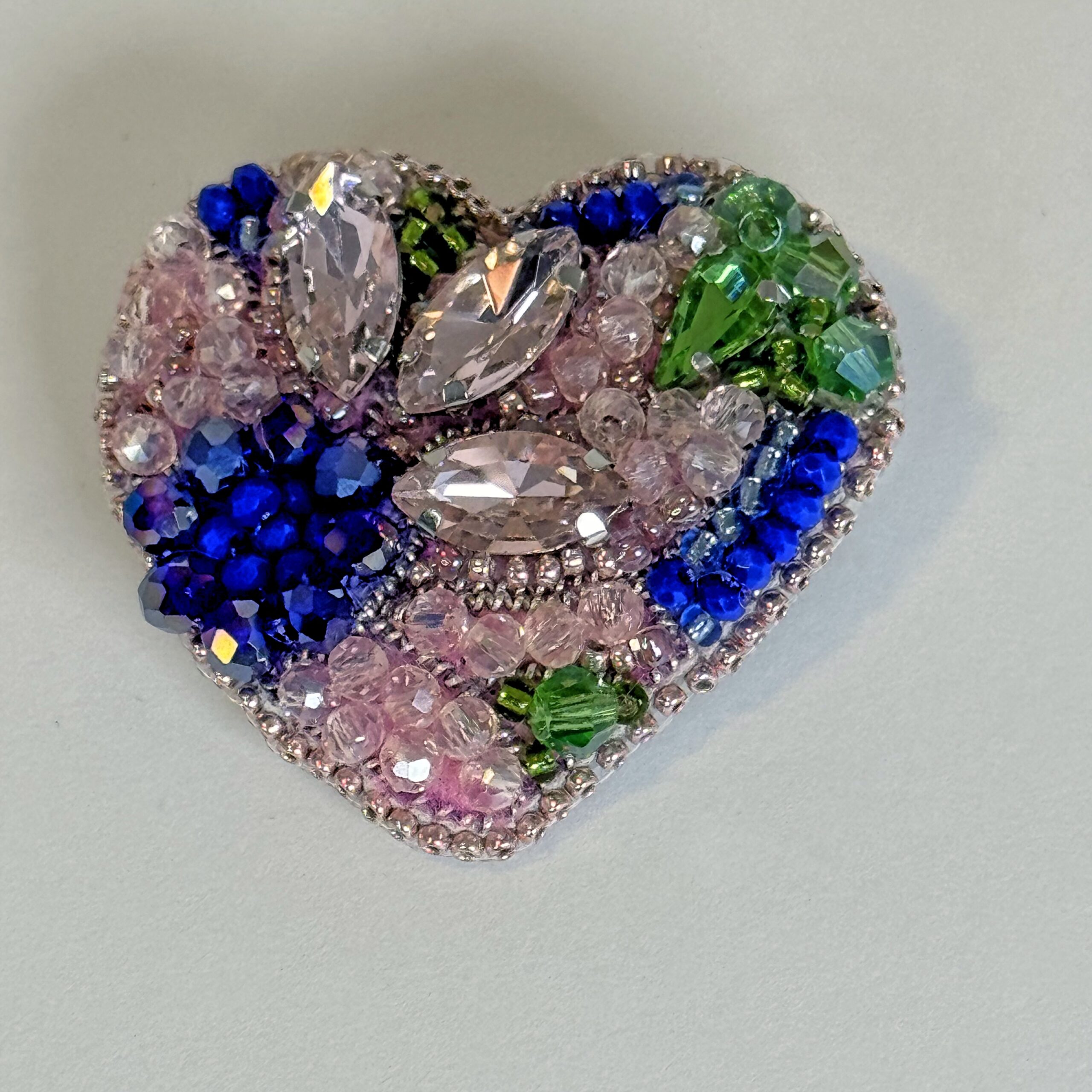 Blue Silver Crystal Heart Brooch, Marquise Crystal Beaded Heart Pin, Handmade Elegant Heart Jewelry, Sapphire Gift — view 1