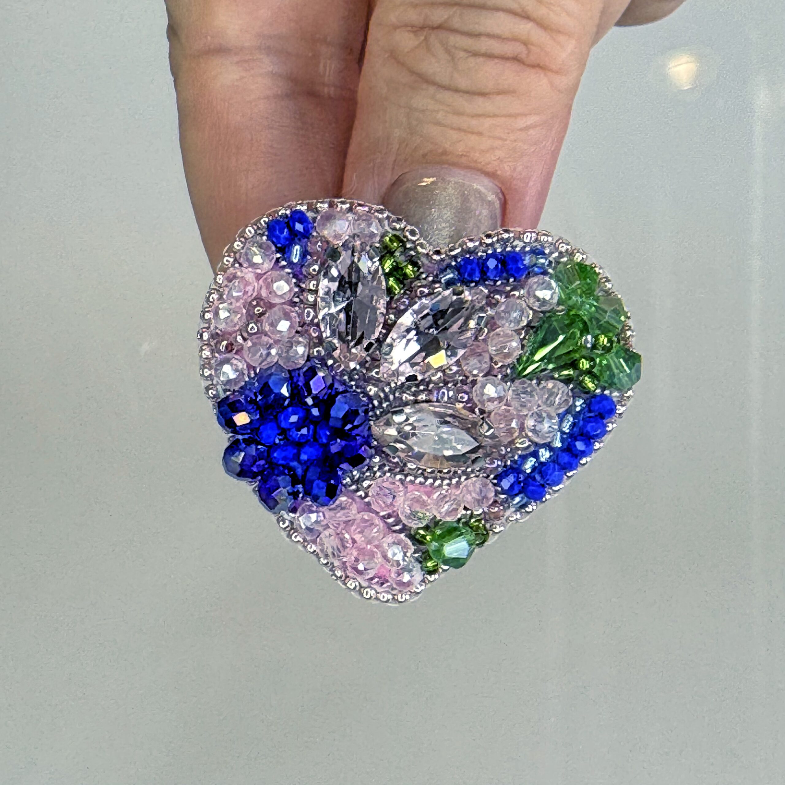 Blue Silver Crystal Heart Brooch, Marquise Crystal Beaded Heart Pin, Handmade Elegant Heart Jewelry, Sapphire Gift — view 3