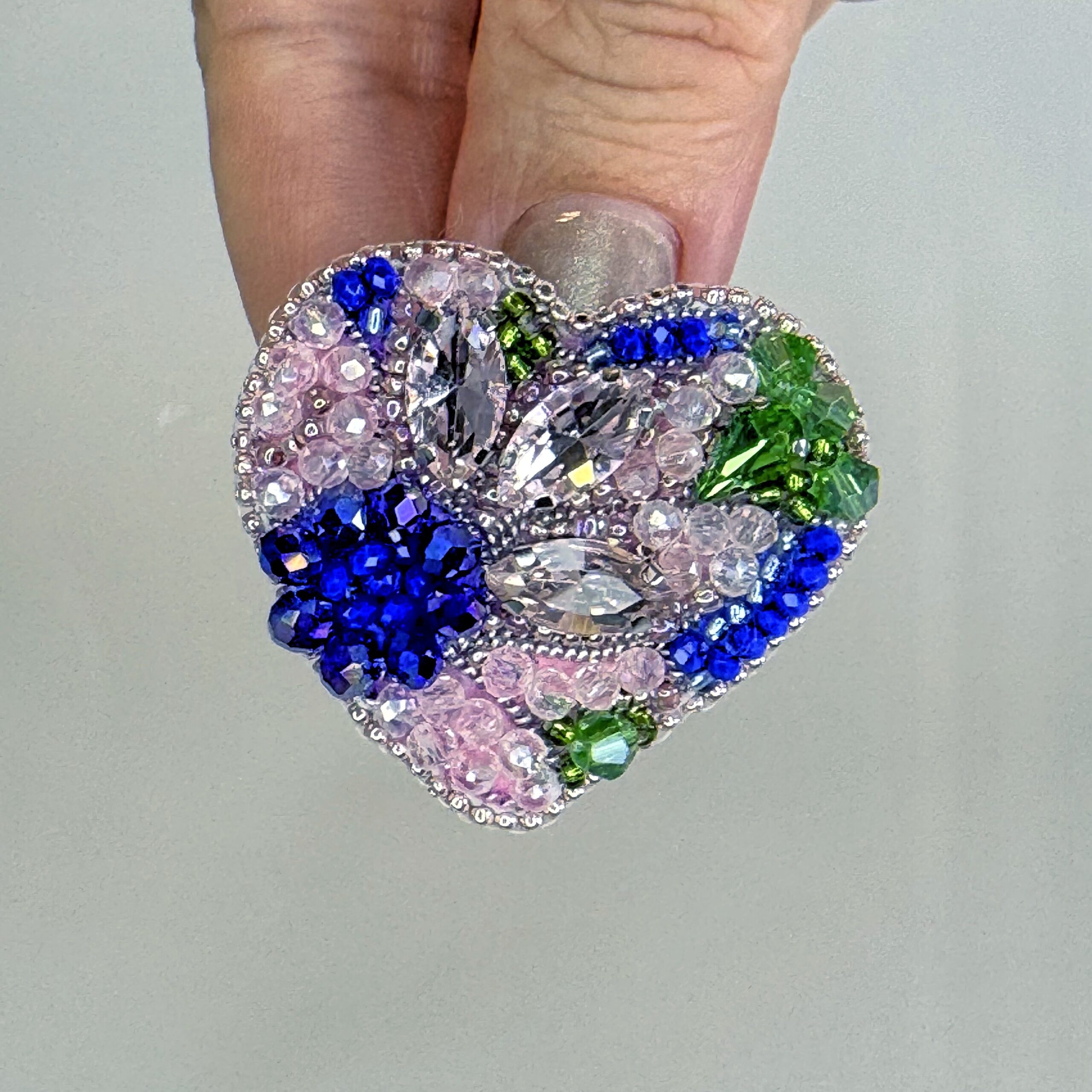 Blue Silver Crystal Heart Brooch, Marquise Crystal Beaded Heart Pin, Handmade Elegant Heart Jewelry, Sapphire Gift — view 4