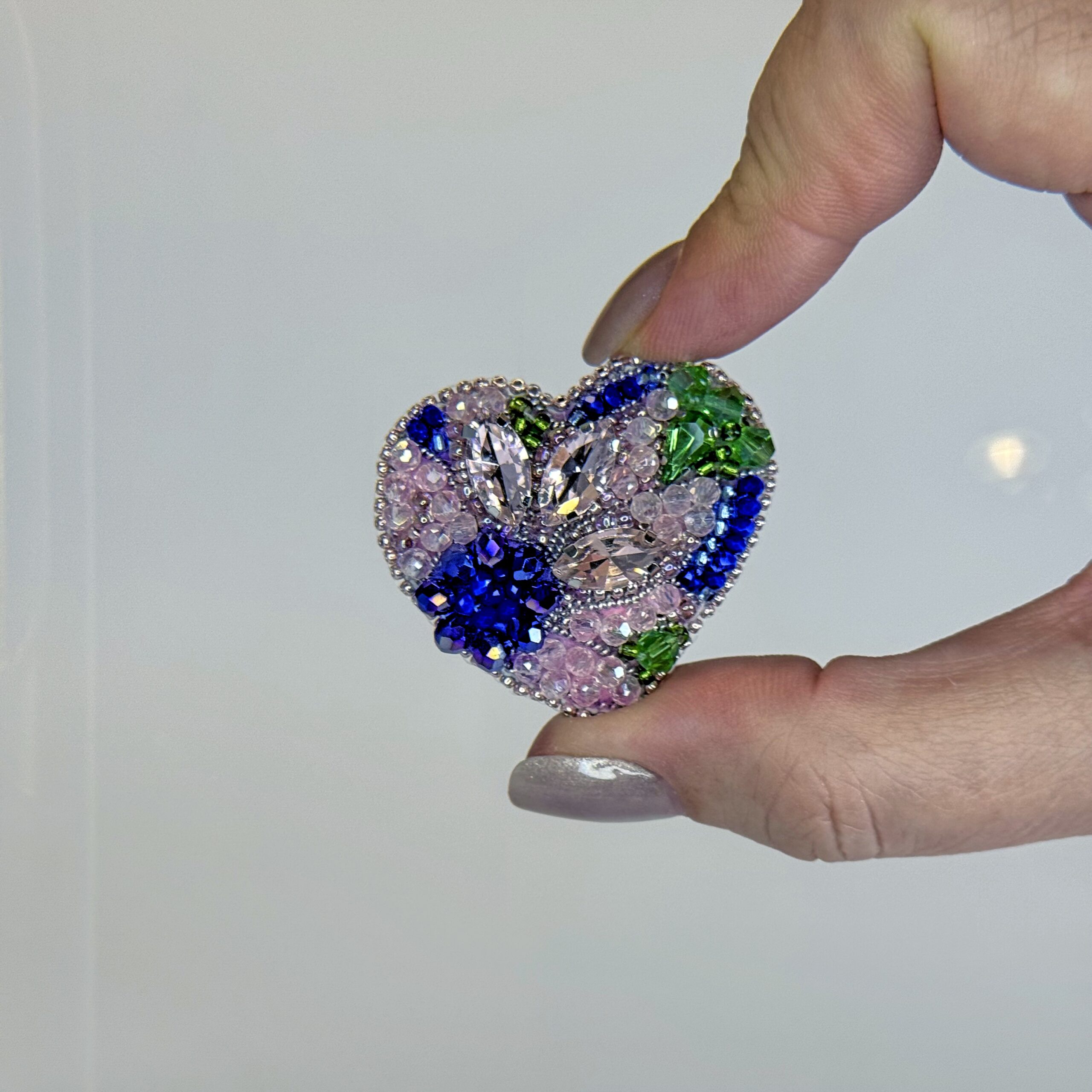 Blue Silver Crystal Heart Brooch, Marquise Crystal Beaded Heart Pin, Handmade Elegant Heart Jewelry, Sapphire Gift — view 7