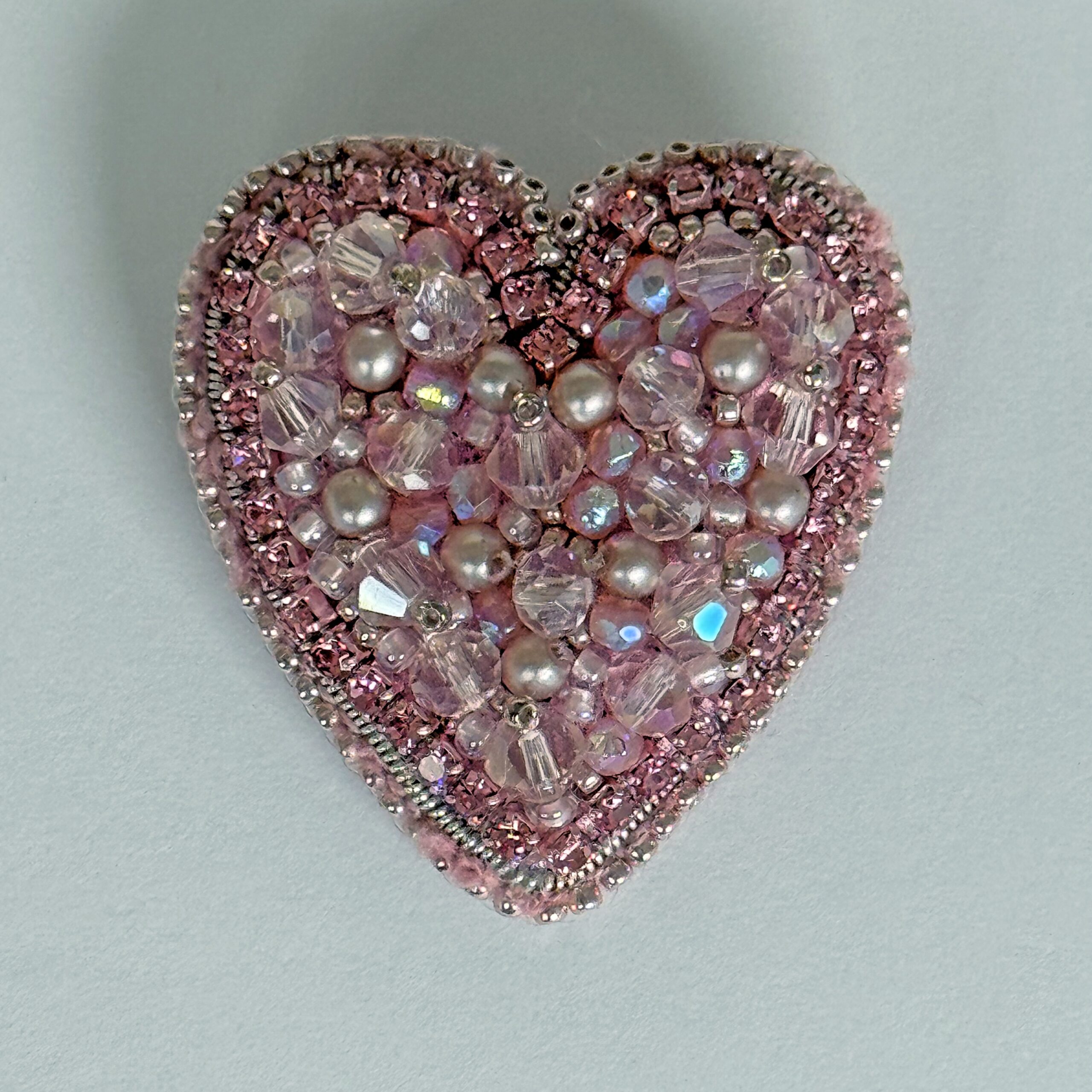 Dusty Rose Pink Heart Brooch, Mauve Beaded Heart Pin Faceted Glass, Handmade Romantic Jewelry, Feminine Love Gift — view 1