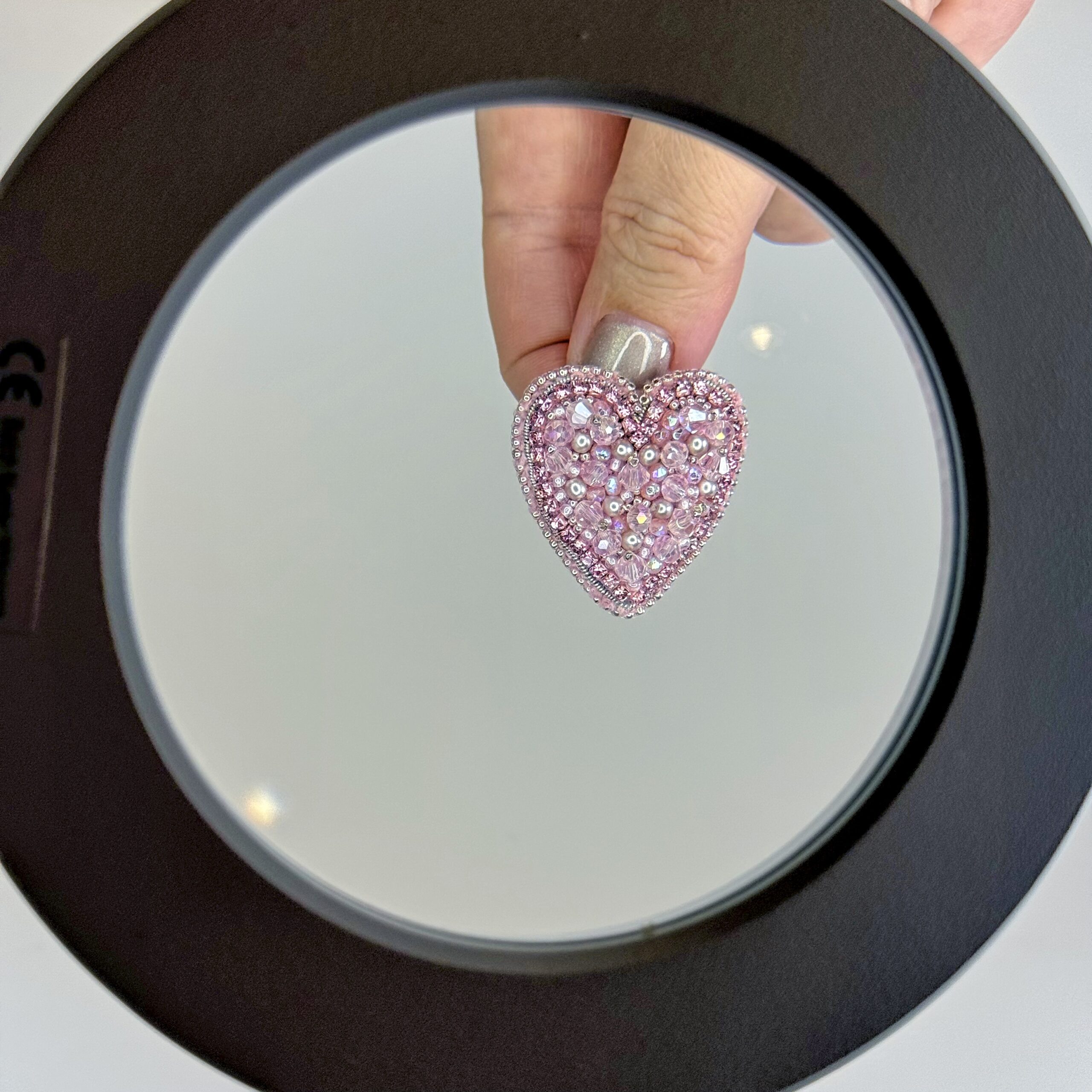 Dusty Rose Pink Heart Brooch, Mauve Beaded Heart Pin Faceted Glass, Handmade Romantic Jewelry, Feminine Love Gift — view 6