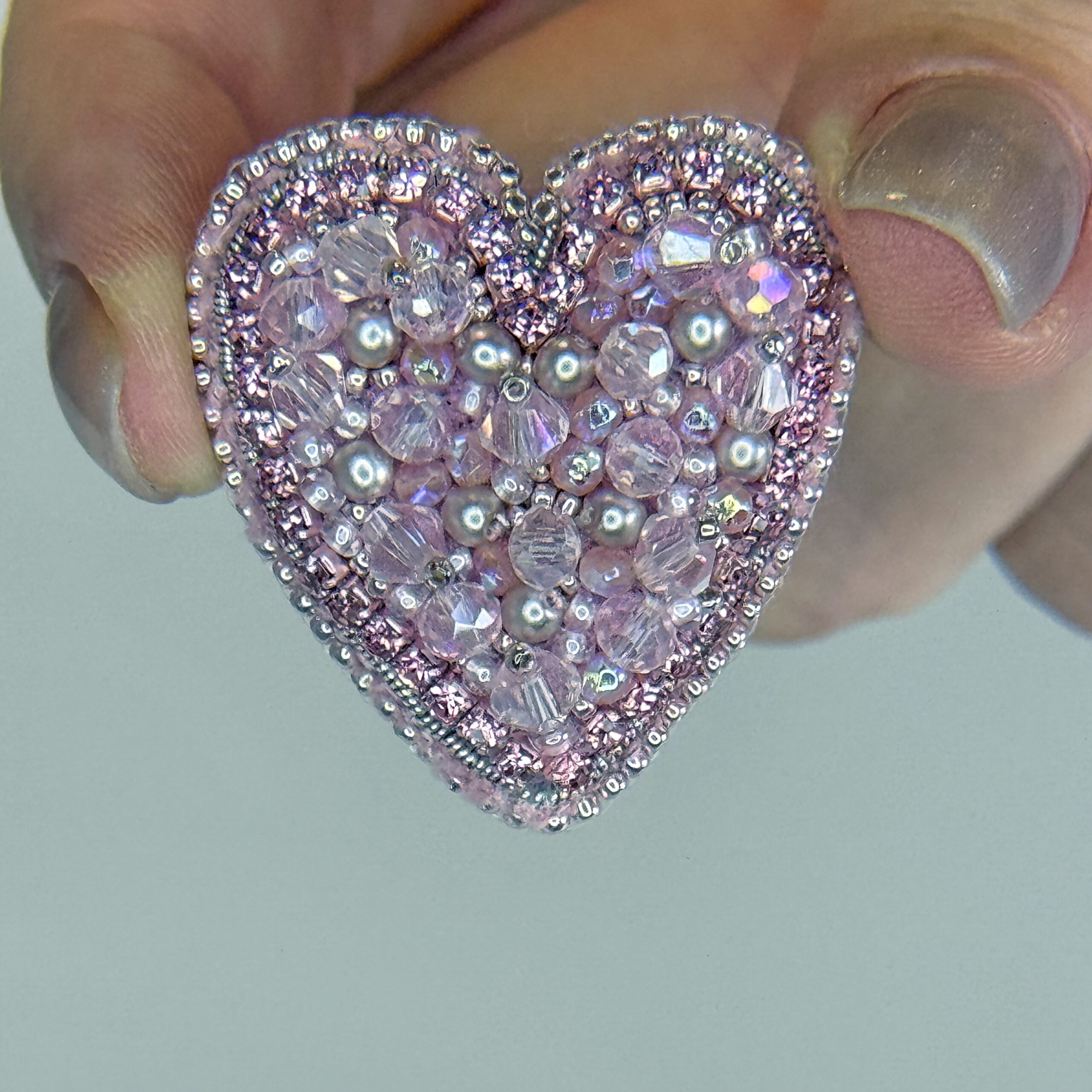 Dusty Rose Pink Heart Brooch, Mauve Beaded Heart Pin Faceted Glass, Handmade Romantic Jewelry, Feminine Love Gift — view 8