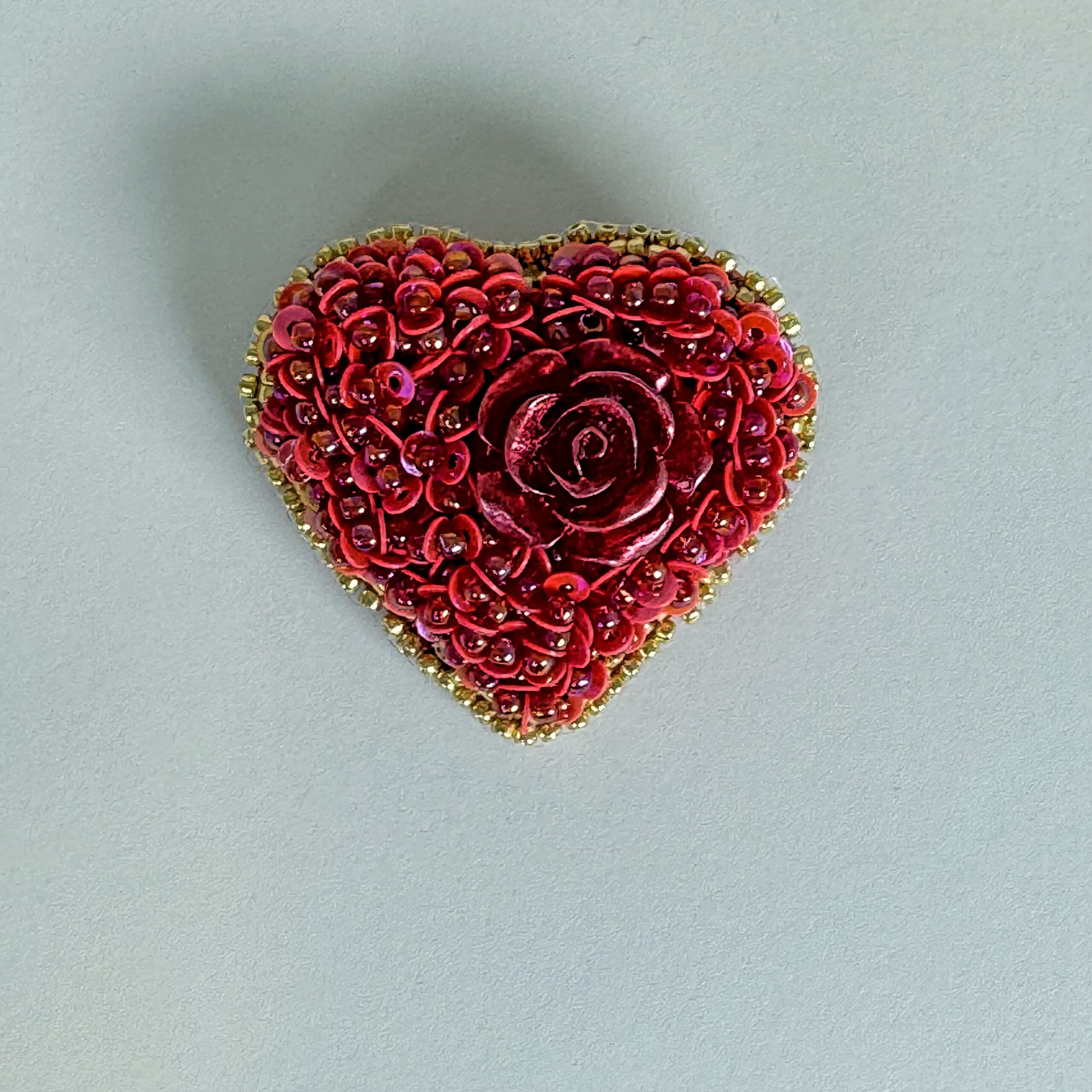 Red Rose Heart Brooch with Sequins, Beaded Heart Pin Rose Cabochon Gold Border, Handmade Valentine Jewelry Love Gift — view 1