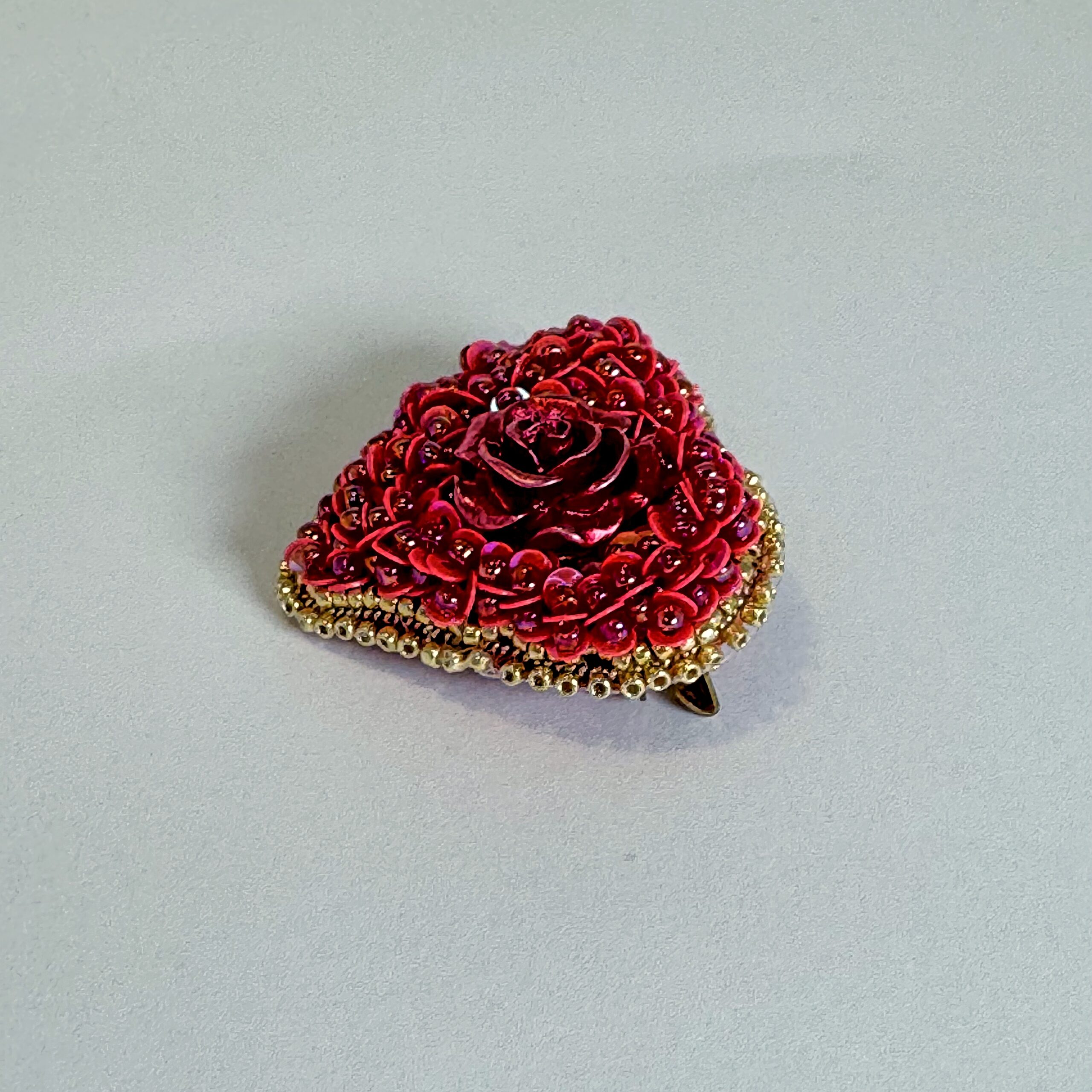 Red Rose Heart Brooch with Sequins, Beaded Heart Pin Rose Cabochon Gold Border, Handmade Valentine Jewelry Love Gift — view 2