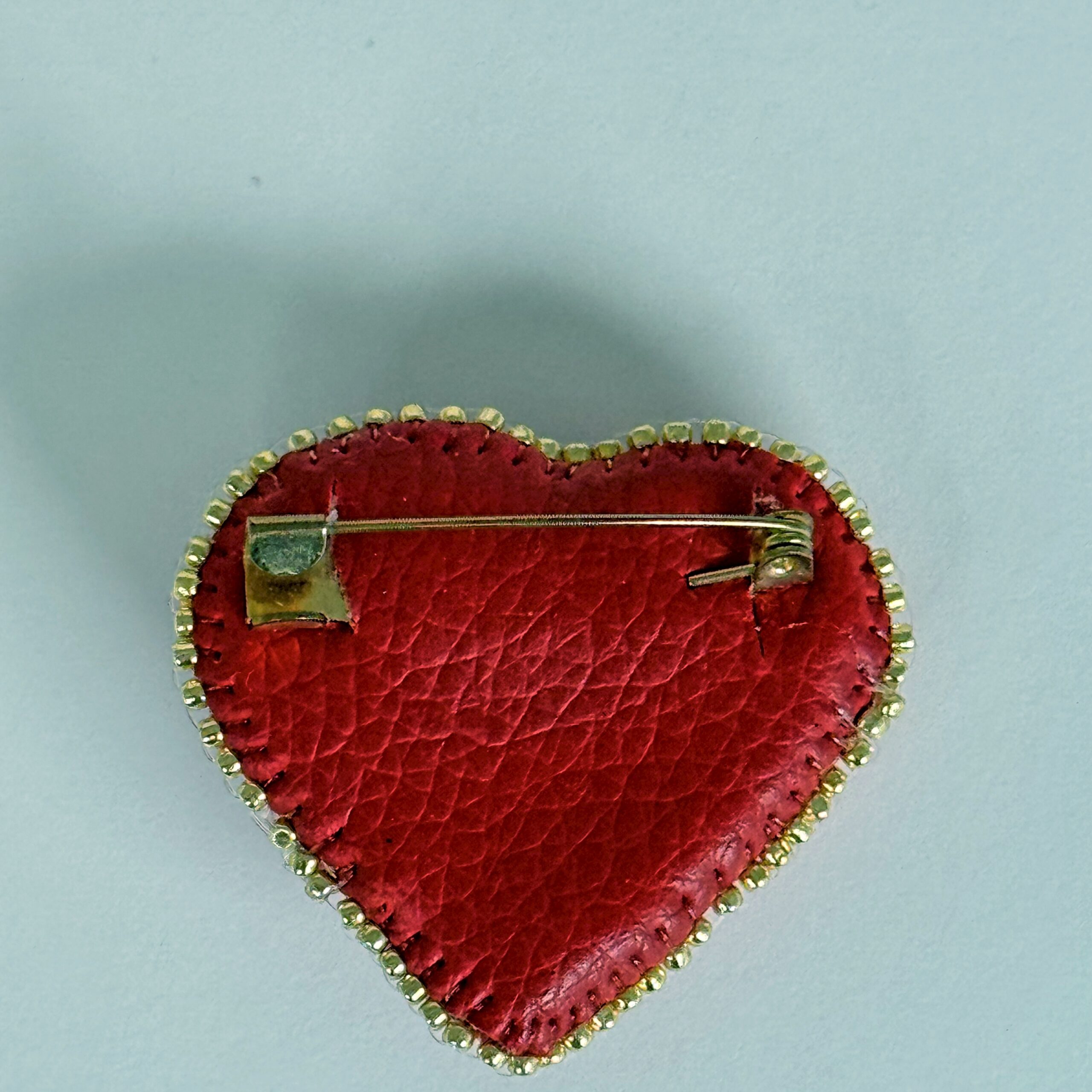 Red Rose Heart Brooch with Sequins, Beaded Heart Pin Rose Cabochon Gold Border, Handmade Valentine Jewelry Love Gift — view 3