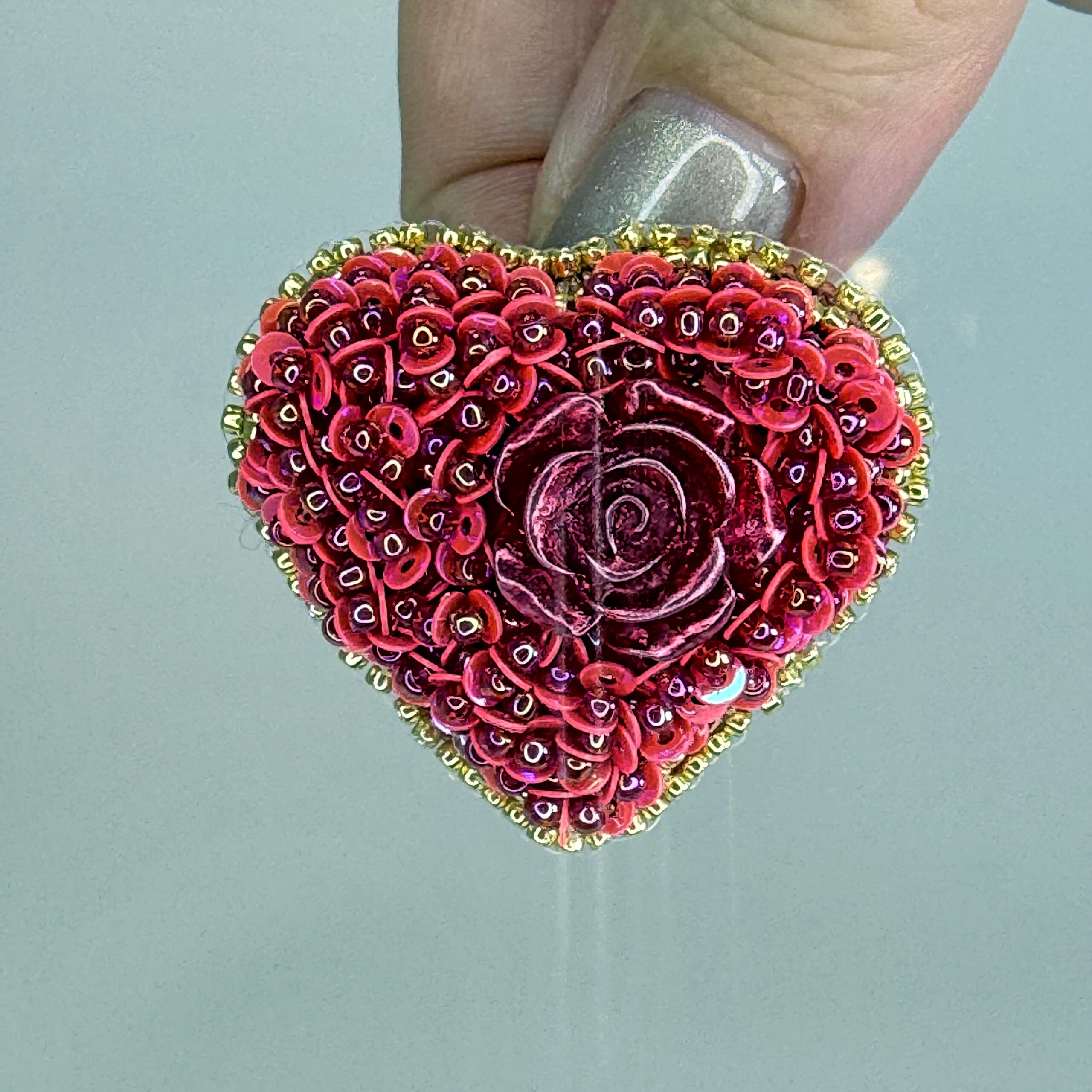 Red Rose Heart Brooch with Sequins, Beaded Heart Pin Rose Cabochon Gold Border, Handmade Valentine Jewelry Love Gift — view 4