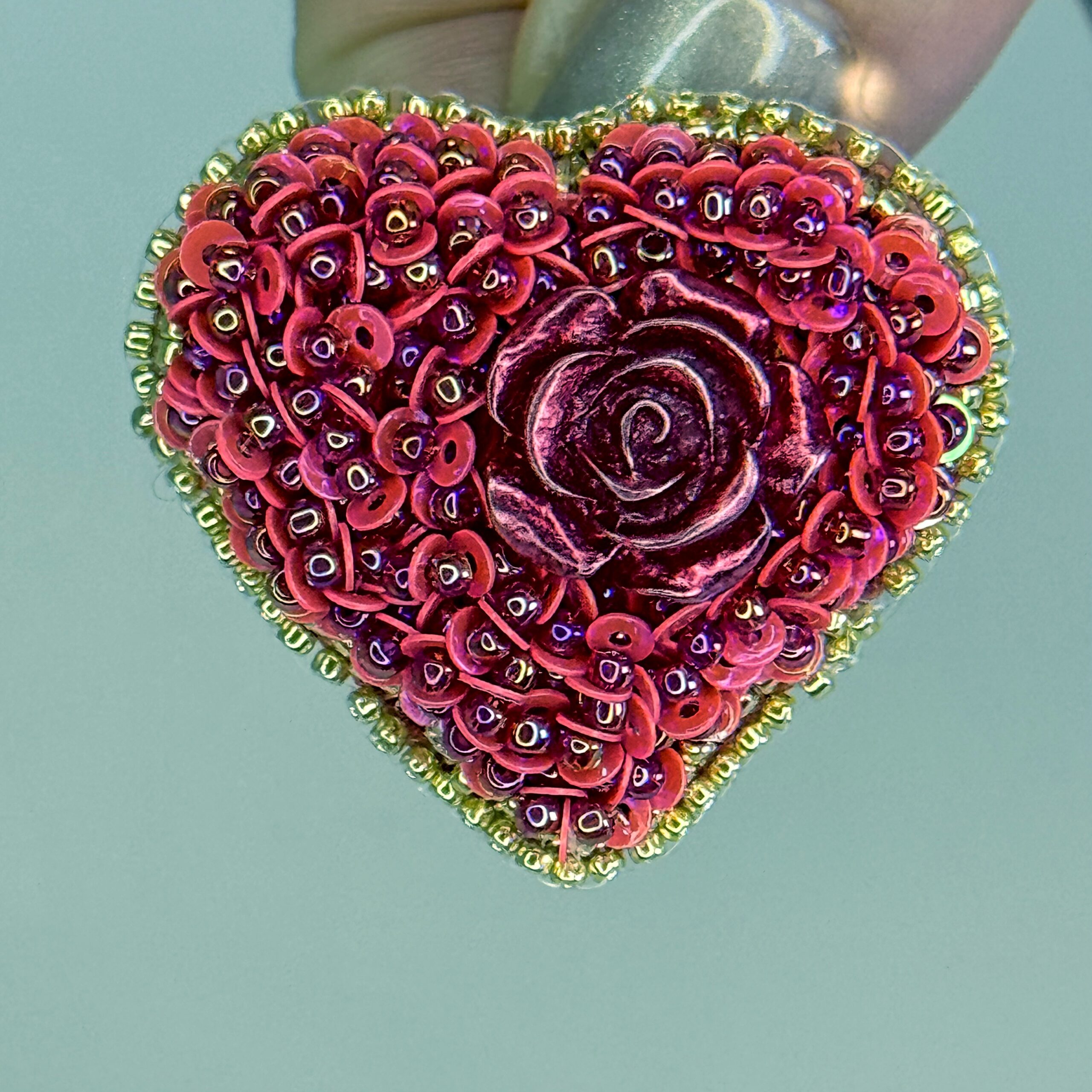 Red Rose Heart Brooch with Sequins, Beaded Heart Pin Rose Cabochon Gold Border, Handmade Valentine Jewelry Love Gift — view 5