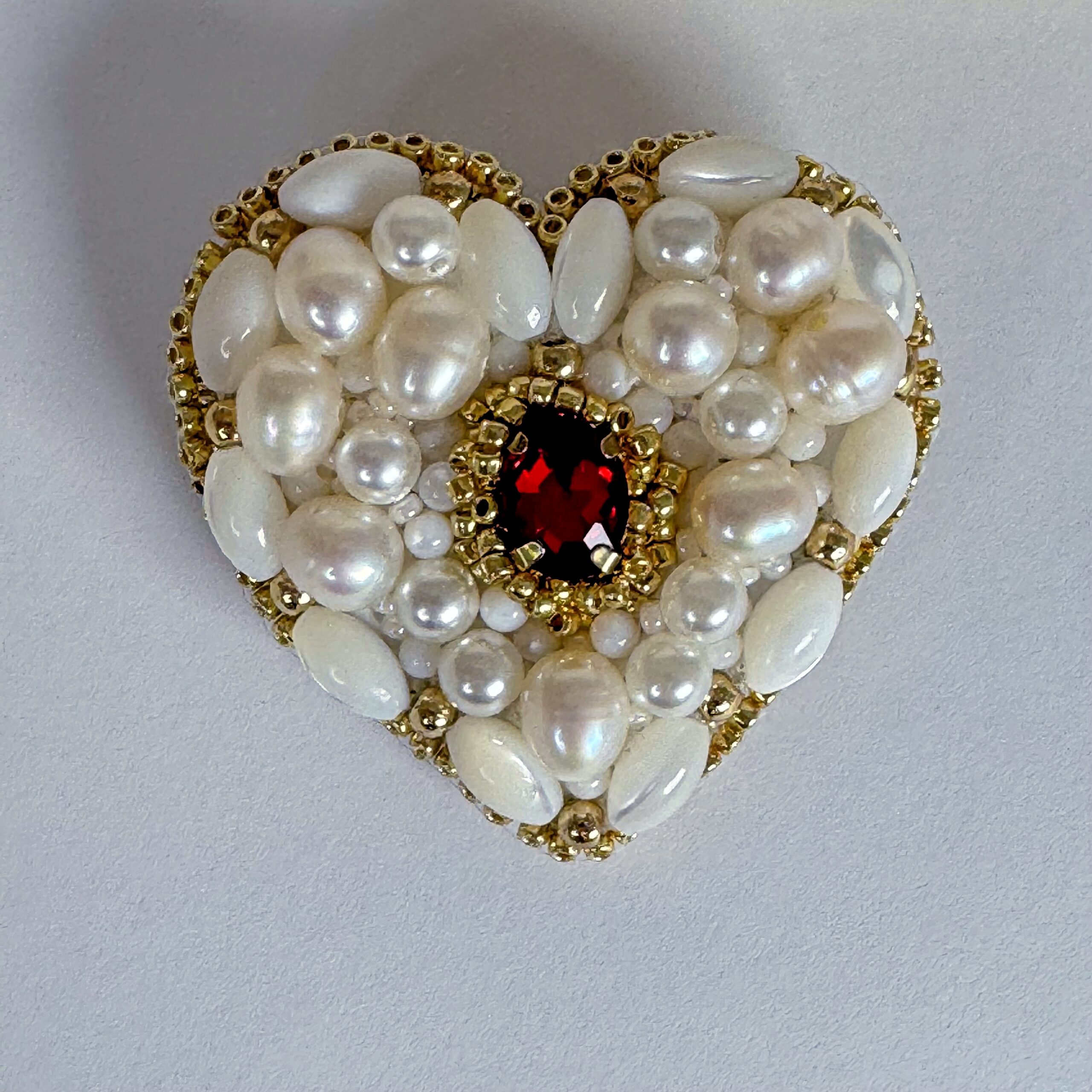 Pearl and Mother of Pearl Heart Brooch, Ivory White Beaded Heart Pin, Natural Pearl Jewelry, Romantic Bridal Brooch, Red Crystal Accent Heart, Handmade Pearl Gift for Her, Elegant Wedding Accessory, P.S. Jewelry — view 1