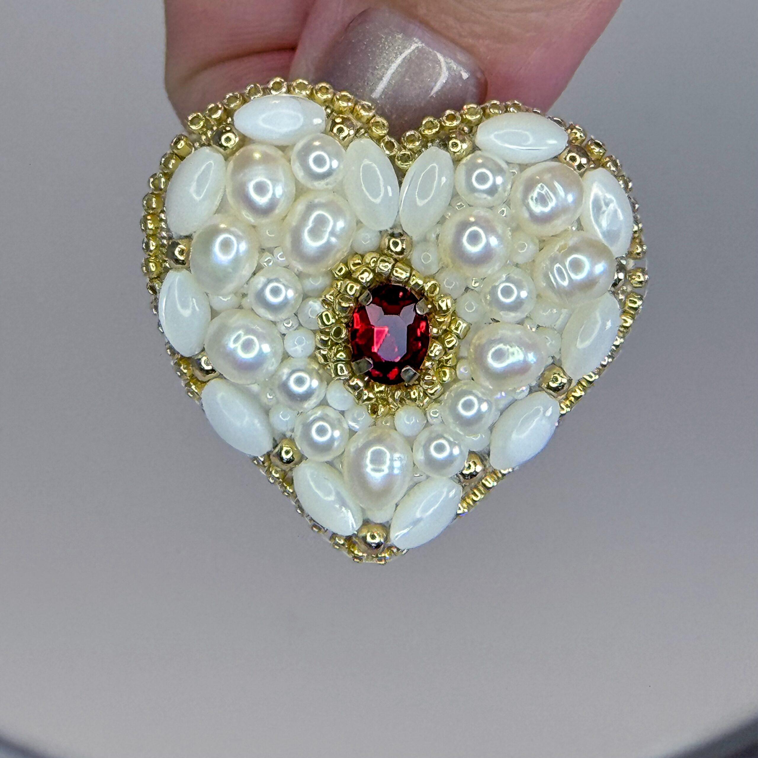 Pearl and Mother of Pearl Heart Brooch, Ivory White Beaded Heart Pin, Natural Pearl Jewelry, Romantic Bridal Brooch, Red Crystal Accent Heart, Handmade Pearl Gift for Her, Elegant Wedding Accessory, P.S. Jewelry — view 3
