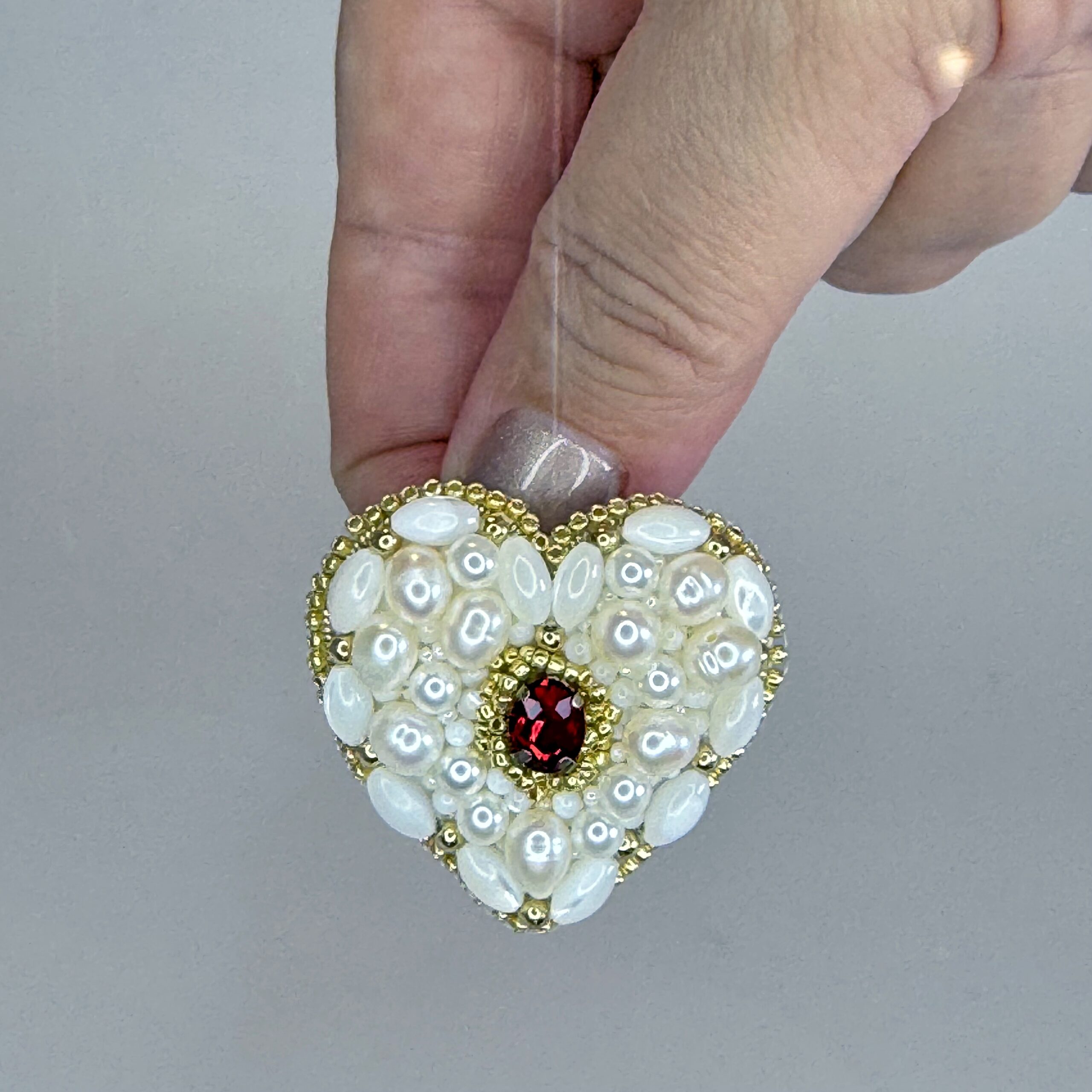 Pearl and Mother of Pearl Heart Brooch, Ivory White Beaded Heart Pin, Natural Pearl Jewelry, Romantic Bridal Brooch, Red Crystal Accent Heart, Handmade Pearl Gift for Her, Elegant Wedding Accessory, P.S. Jewelry — view 4