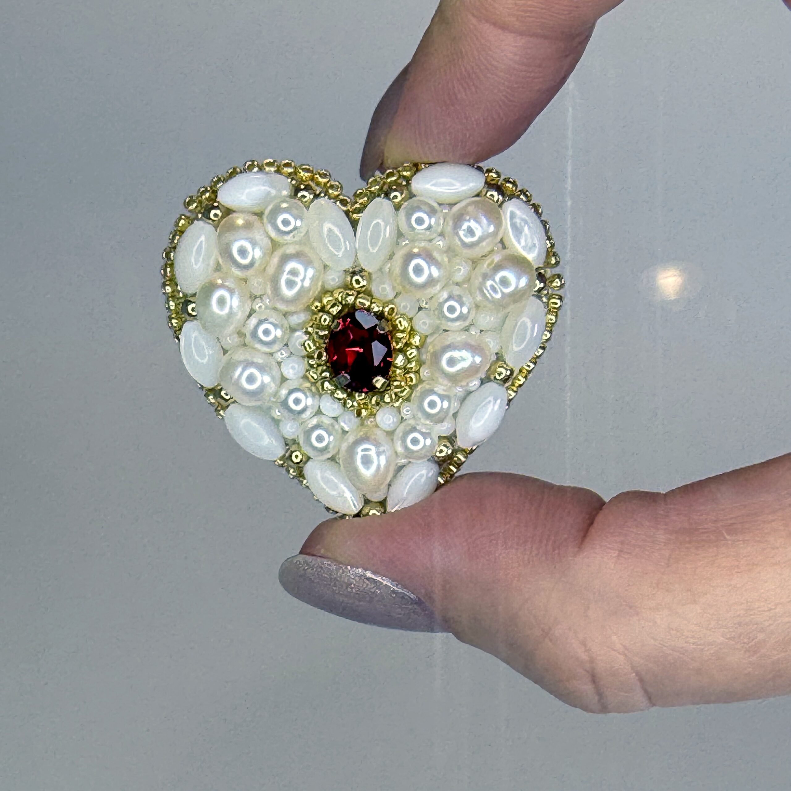 Pearl and Mother of Pearl Heart Brooch, Ivory White Beaded Heart Pin, Natural Pearl Jewelry, Romantic Bridal Brooch, Red Crystal Accent Heart, Handmade Pearl Gift for Her, Elegant Wedding Accessory, P.S. Jewelry — view 5