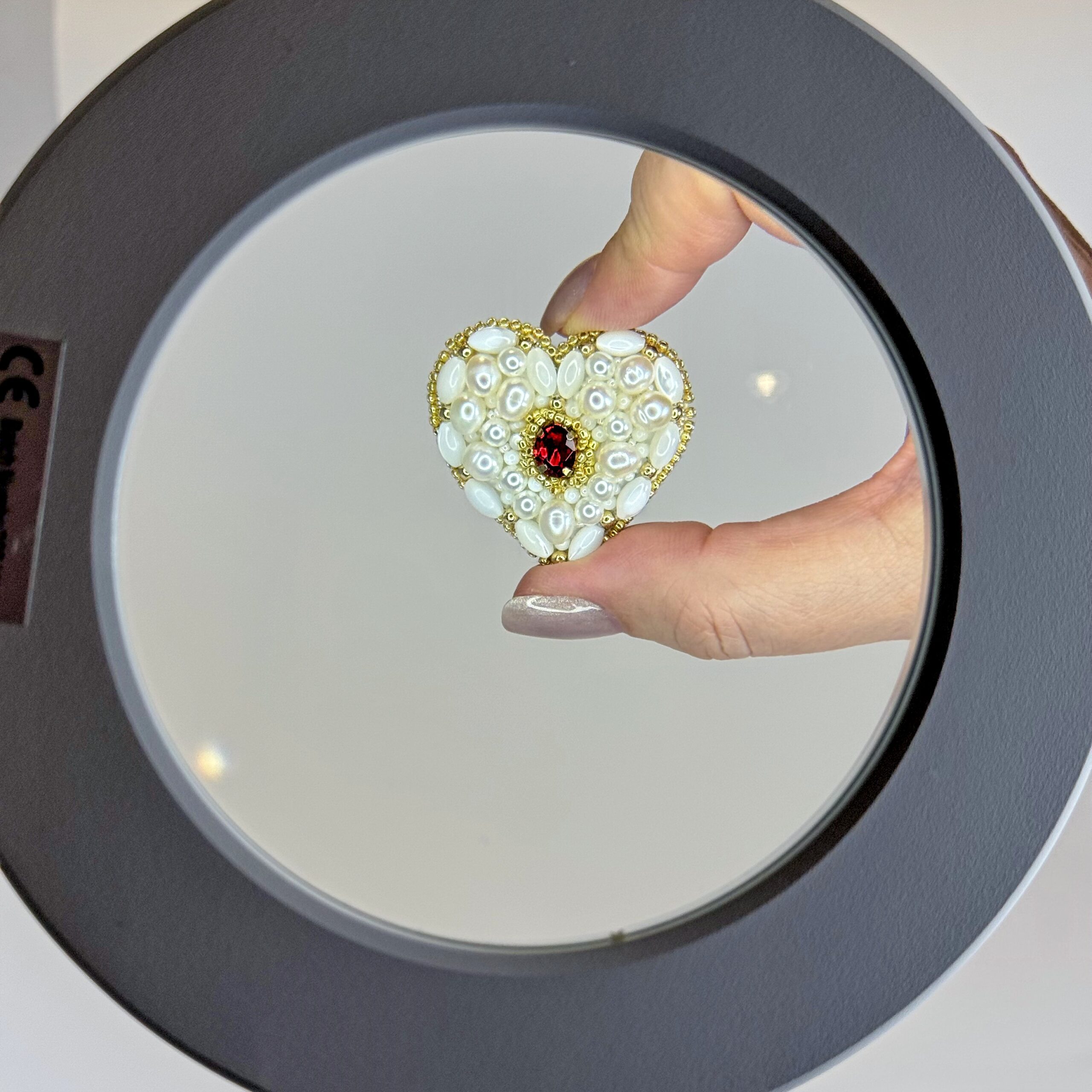 Pearl and Mother of Pearl Heart Brooch, Ivory White Beaded Heart Pin, Natural Pearl Jewelry, Romantic Bridal Brooch, Red Crystal Accent Heart, Handmade Pearl Gift for Her, Elegant Wedding Accessory, P.S. Jewelry — view 8