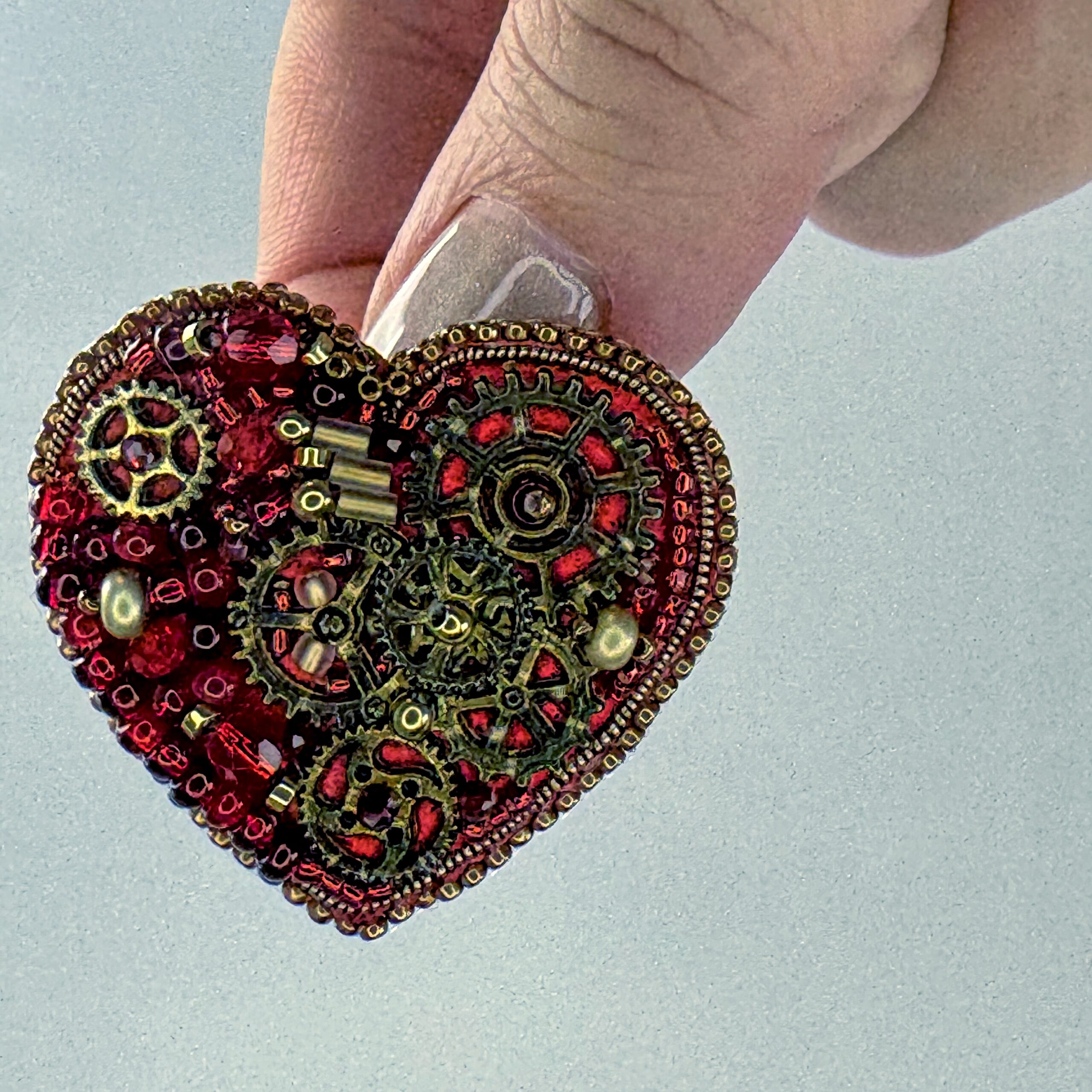 Red Steampunk Heart Brooch Large Gears, Clockwork Valentine Pin, Handmade Mechanical Red Heart Jewelry, Unique Gift — view 2
