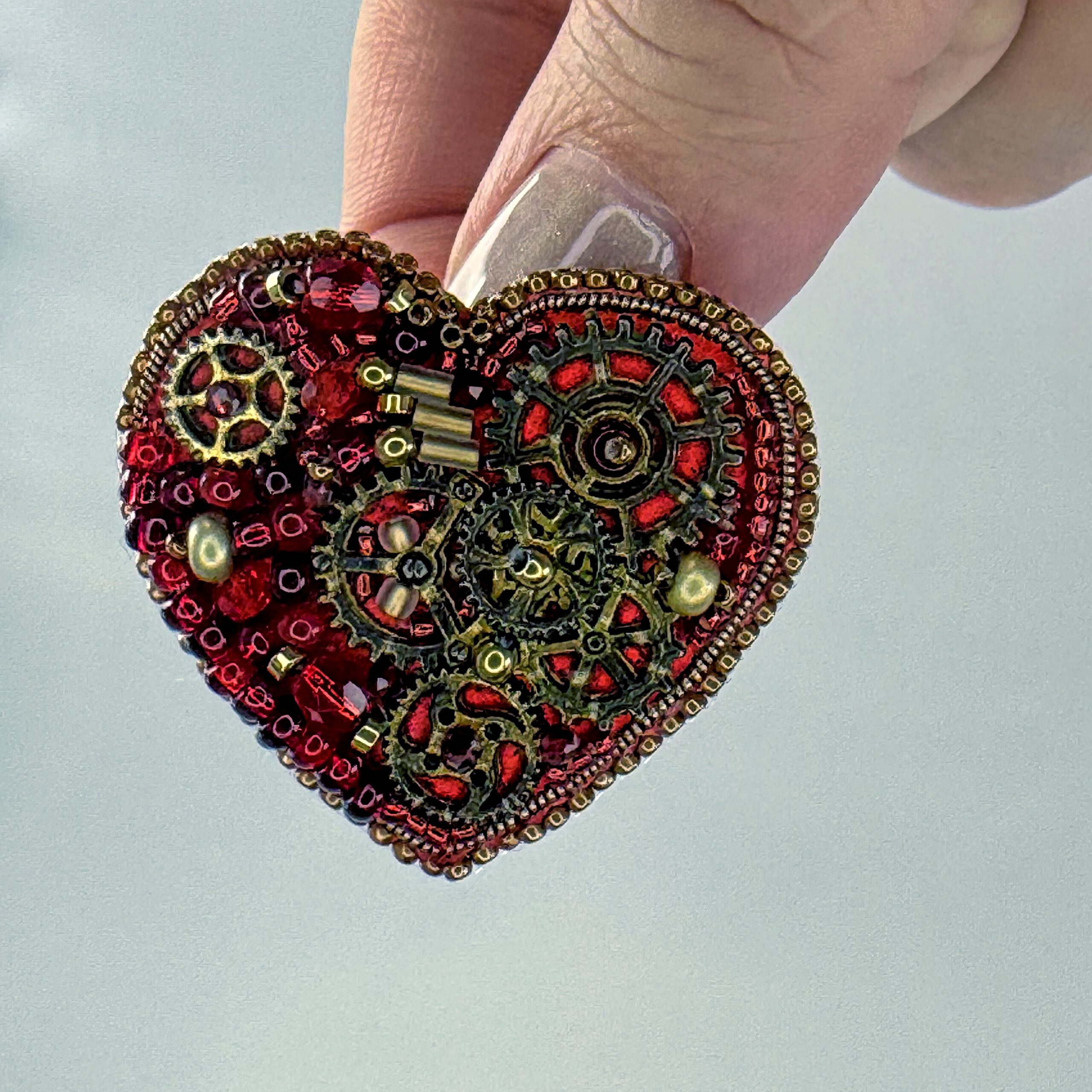 Red Steampunk Heart Brooch Large Gears, Clockwork Valentine Pin, Handmade Mechanical Red Heart Jewelry, Unique Gift — view 3