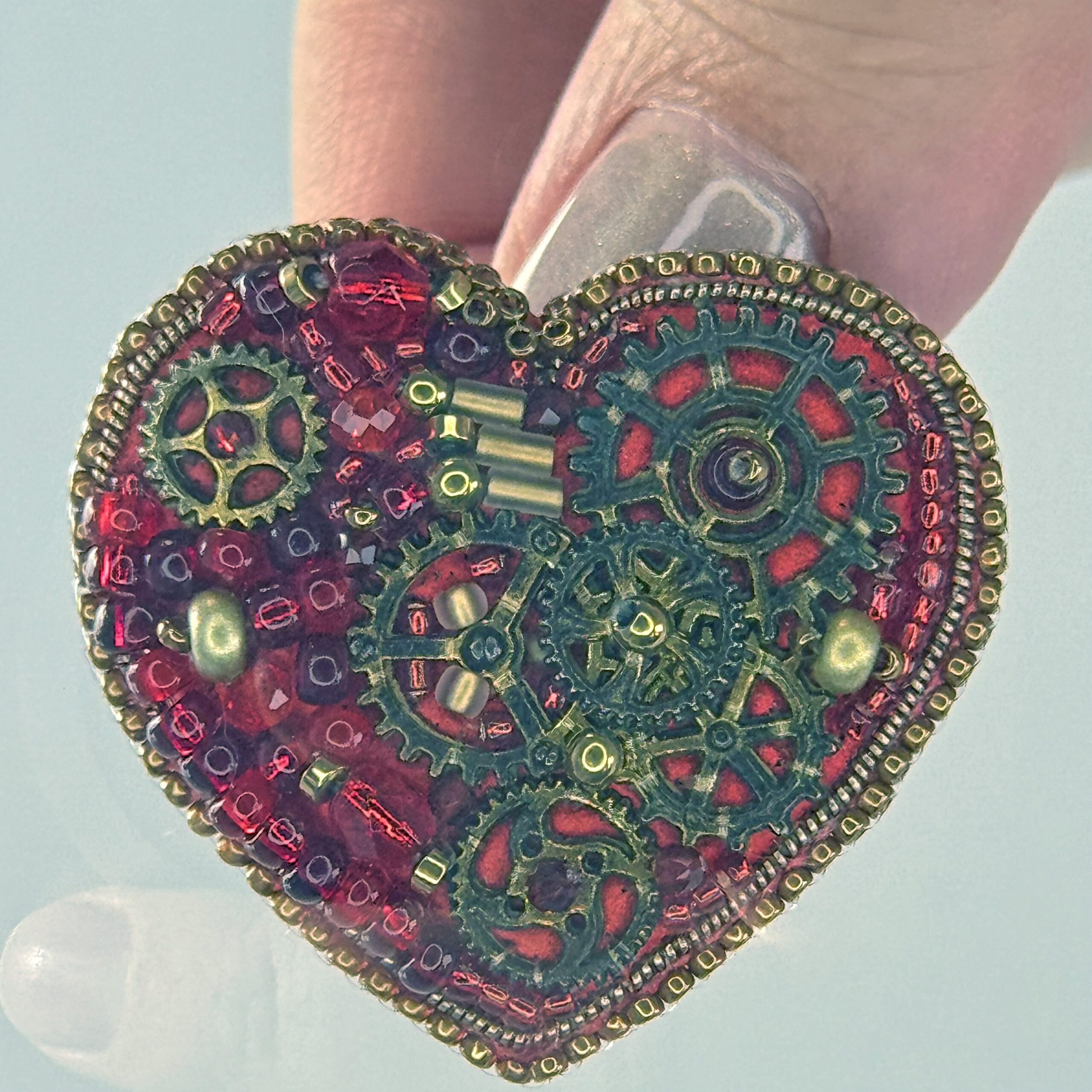 Red Steampunk Heart Brooch Large Gears, Clockwork Valentine Pin, Handmade Mechanical Red Heart Jewelry, Unique Gift — view 4