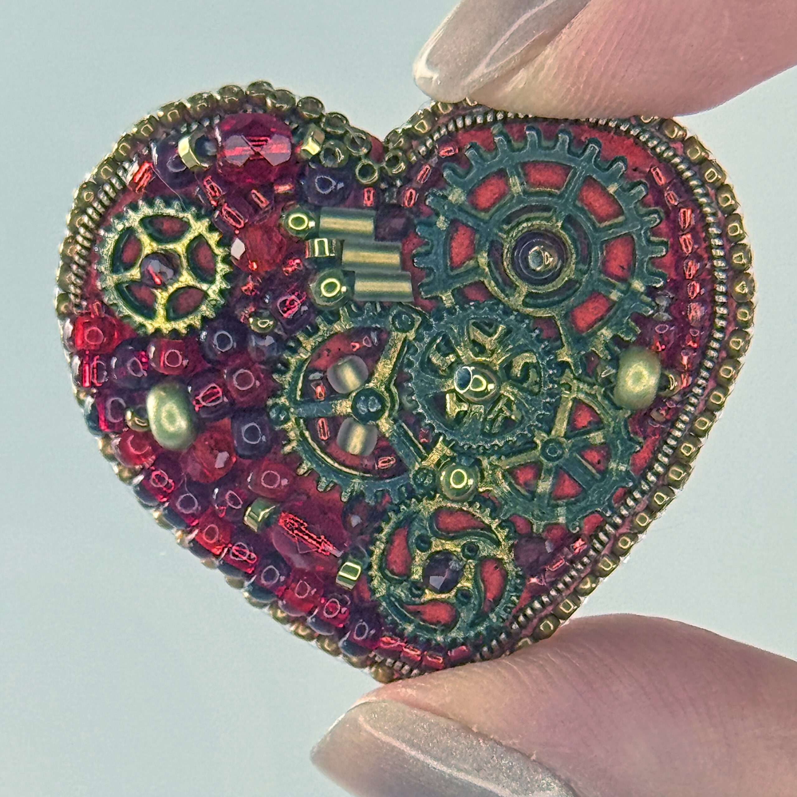 Red Steampunk Heart Brooch Large Gears, Clockwork Valentine Pin, Handmade Mechanical Red Heart Jewelry, Unique Gift — view 5