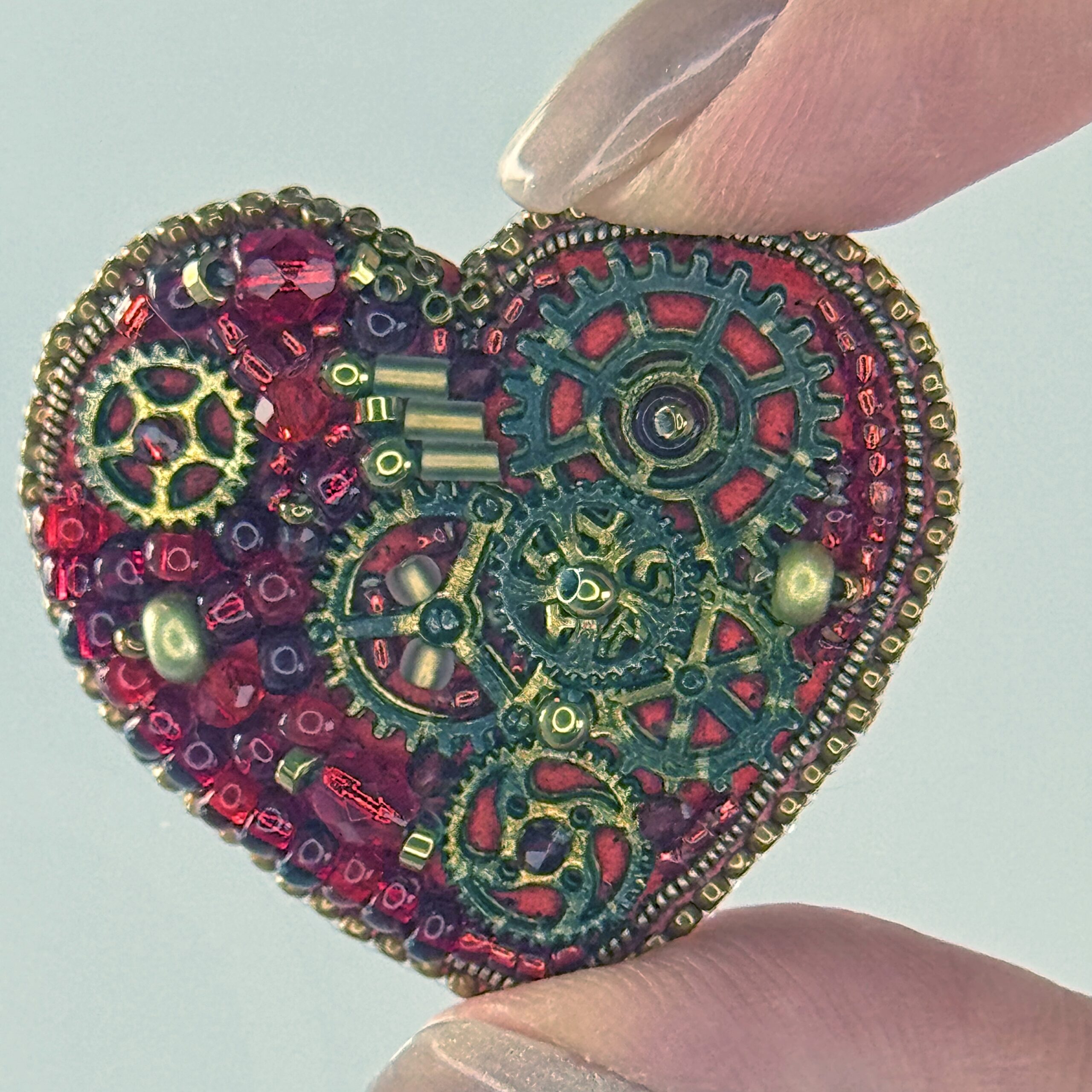 Red Steampunk Heart Brooch Large Gears, Clockwork Valentine Pin, Handmade Mechanical Red Heart Jewelry, Unique Gift — view 6
