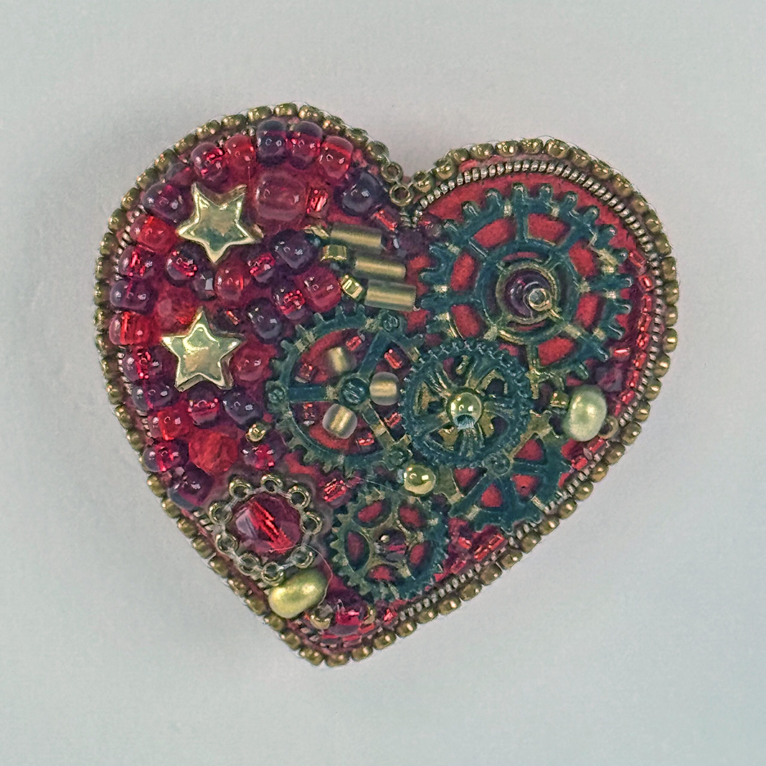 Red Steampunk Heart Brooch Stars and Chains, Clockwork Gear Pin, Handmade Mechanical Valentine Jewelry, Unique Gift — view 1