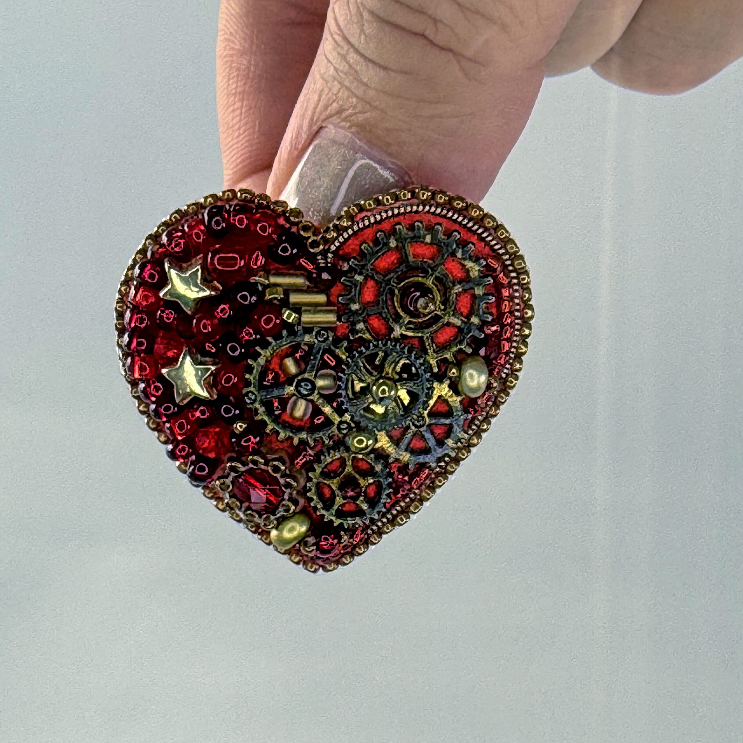Red Steampunk Heart Brooch Stars and Chains, Clockwork Gear Pin, Handmade Mechanical Valentine Jewelry, Unique Gift — view 4