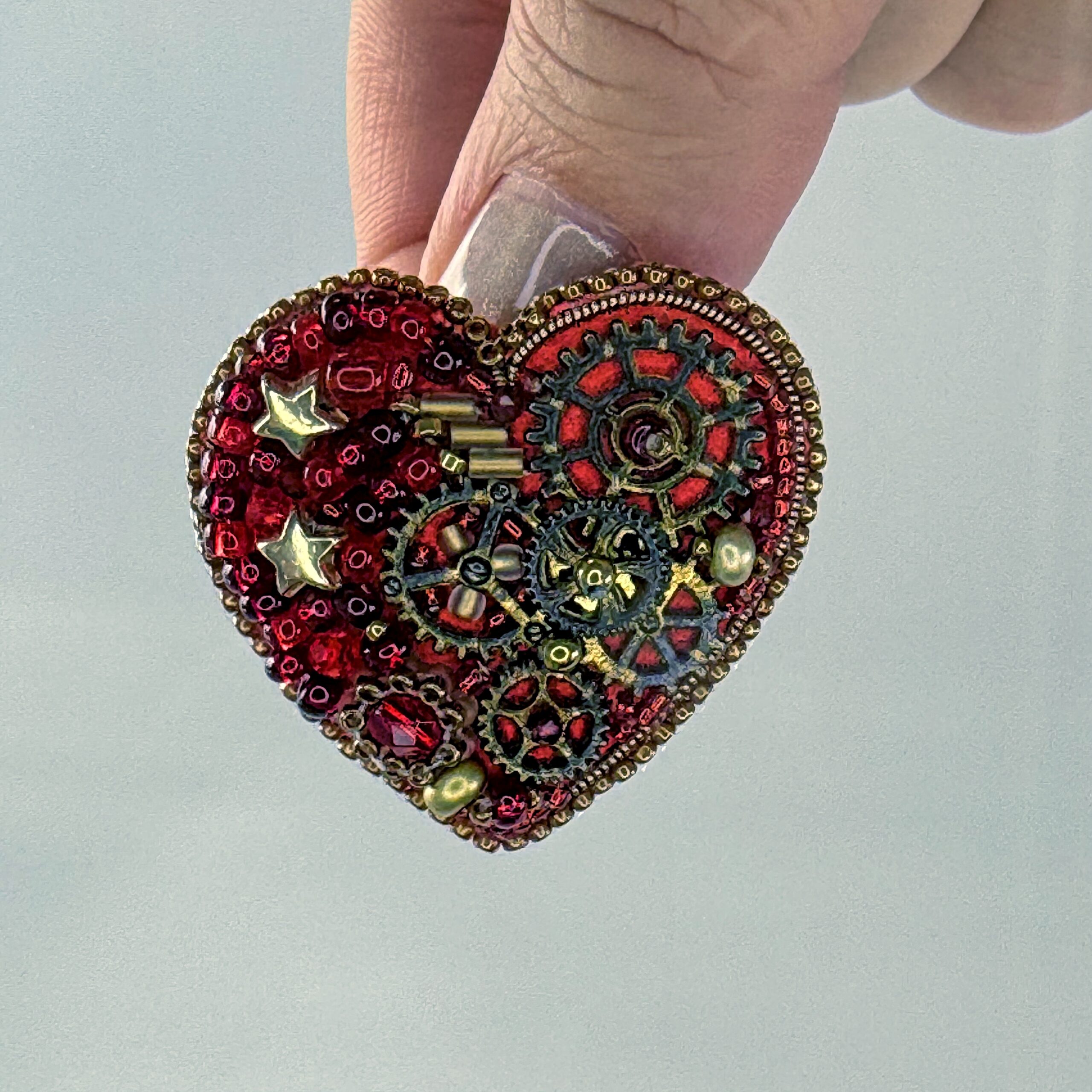 Red Steampunk Heart Brooch Stars and Chains, Clockwork Gear Pin, Handmade Mechanical Valentine Jewelry, Unique Gift — view 5