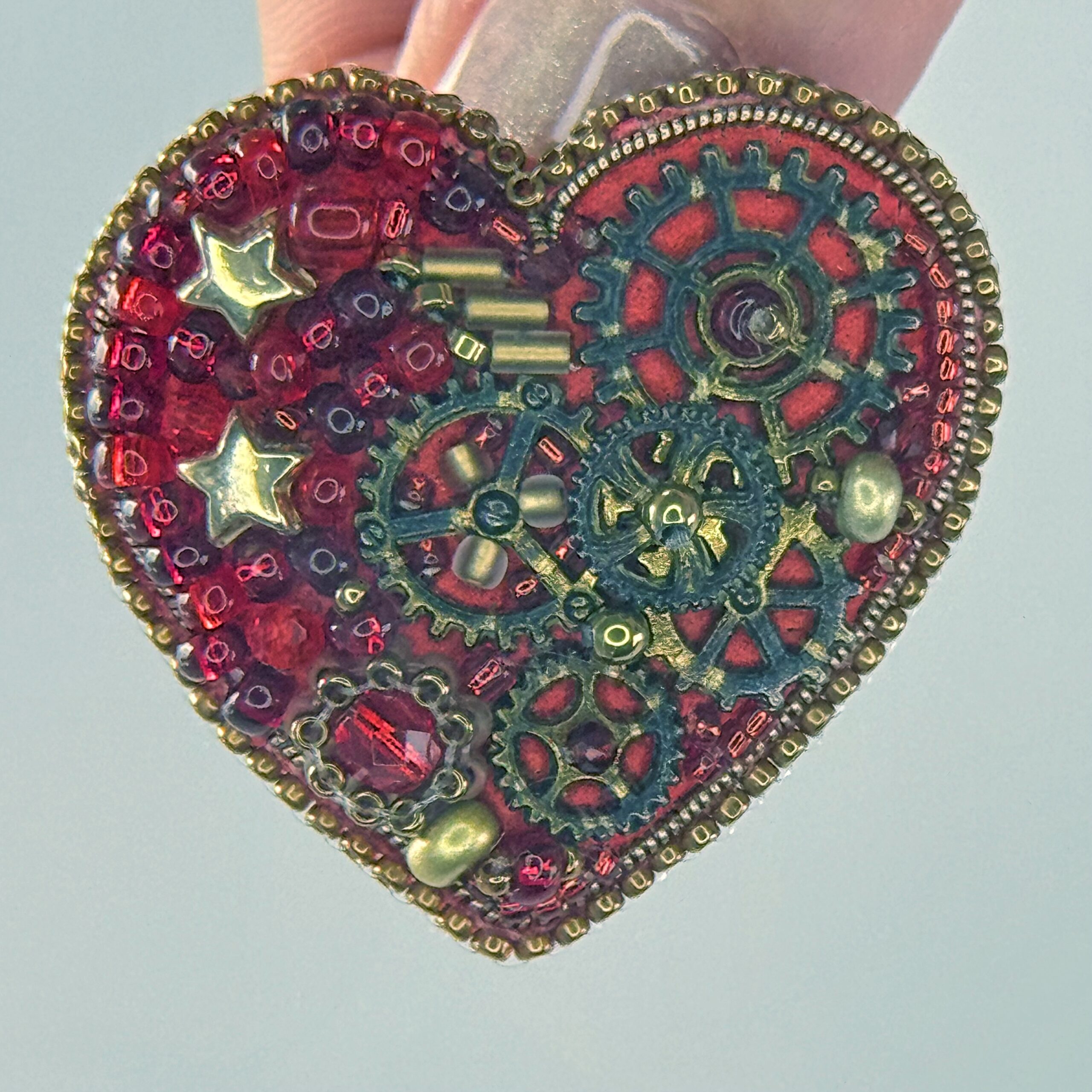 Red Steampunk Heart Brooch Stars and Chains, Clockwork Gear Pin, Handmade Mechanical Valentine Jewelry, Unique Gift — view 6