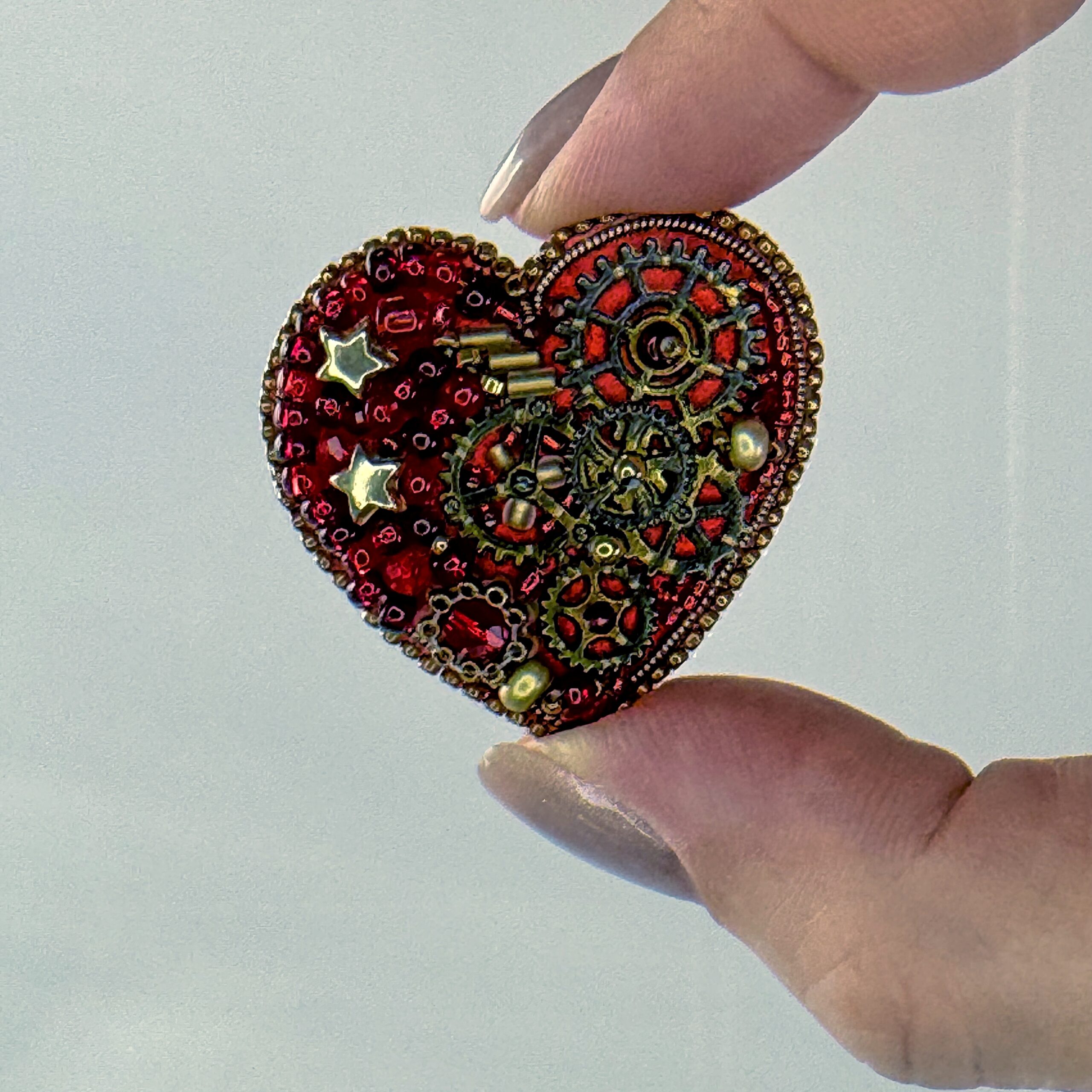 Red Steampunk Heart Brooch Stars and Chains, Clockwork Gear Pin, Handmade Mechanical Valentine Jewelry, Unique Gift — view 7